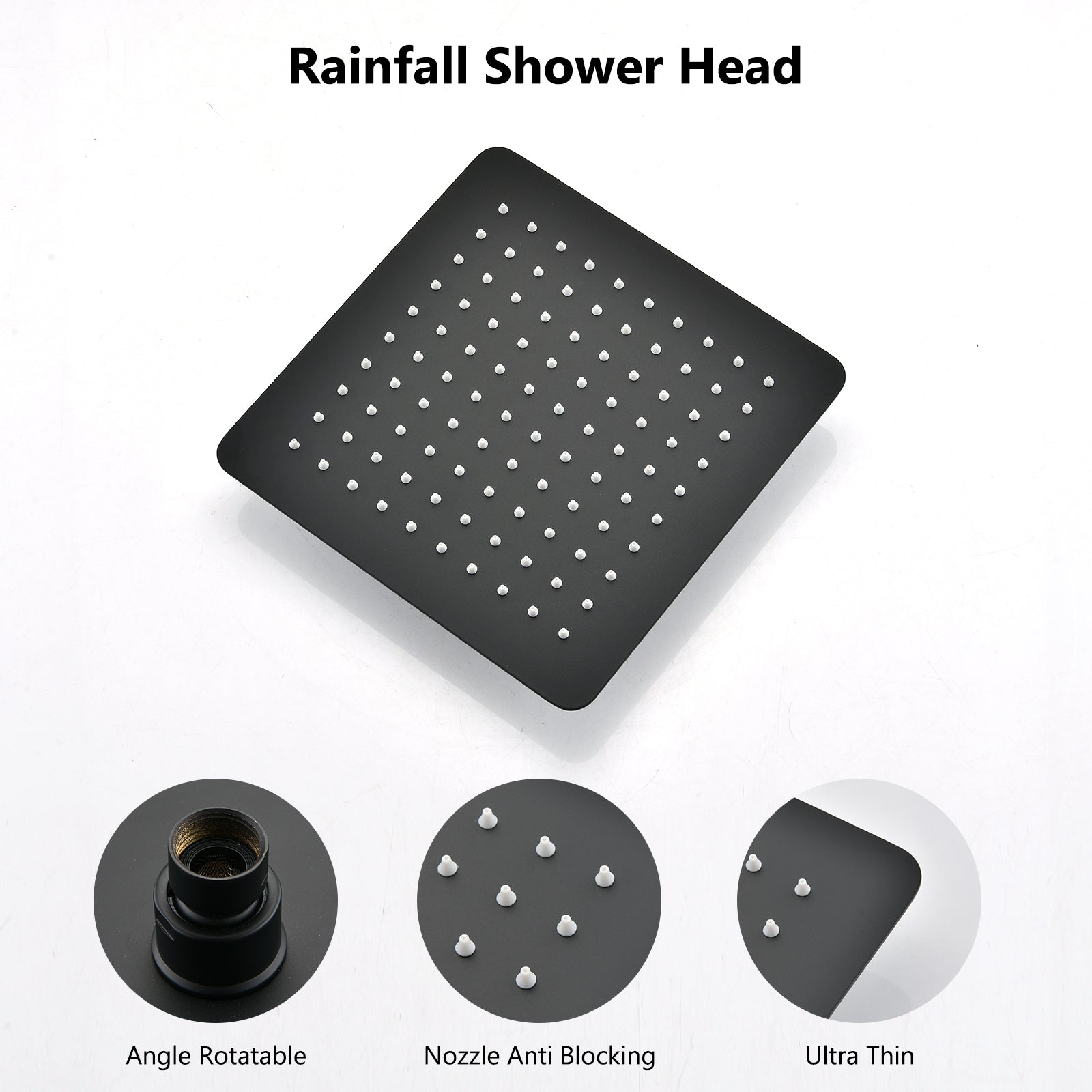 Shower Head, 10 Inch High Pressure Rainfall Shower Head Handheld Shower Combo With 11 Inch Extension Arm, 6 Settings Adjustable Anti Leak Shower Head With Holder Hose, Height Angle Adjustable Matte Black Metal