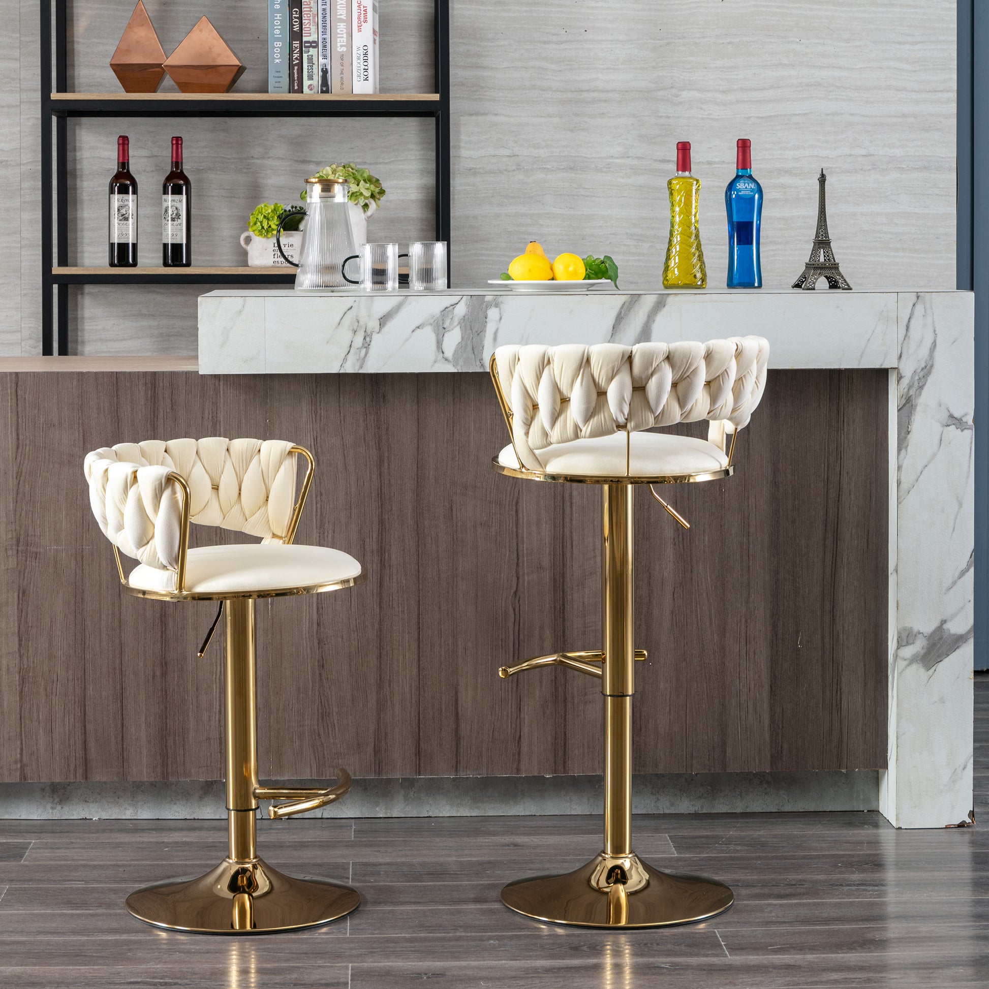 Set Of 2 Bar Stools,With Chrome Footrest And Base Swivel Height Adjustable Mechanical Lifting Velvet Golden Leg Simple Bar Stool Cream Cream Foam Fabric