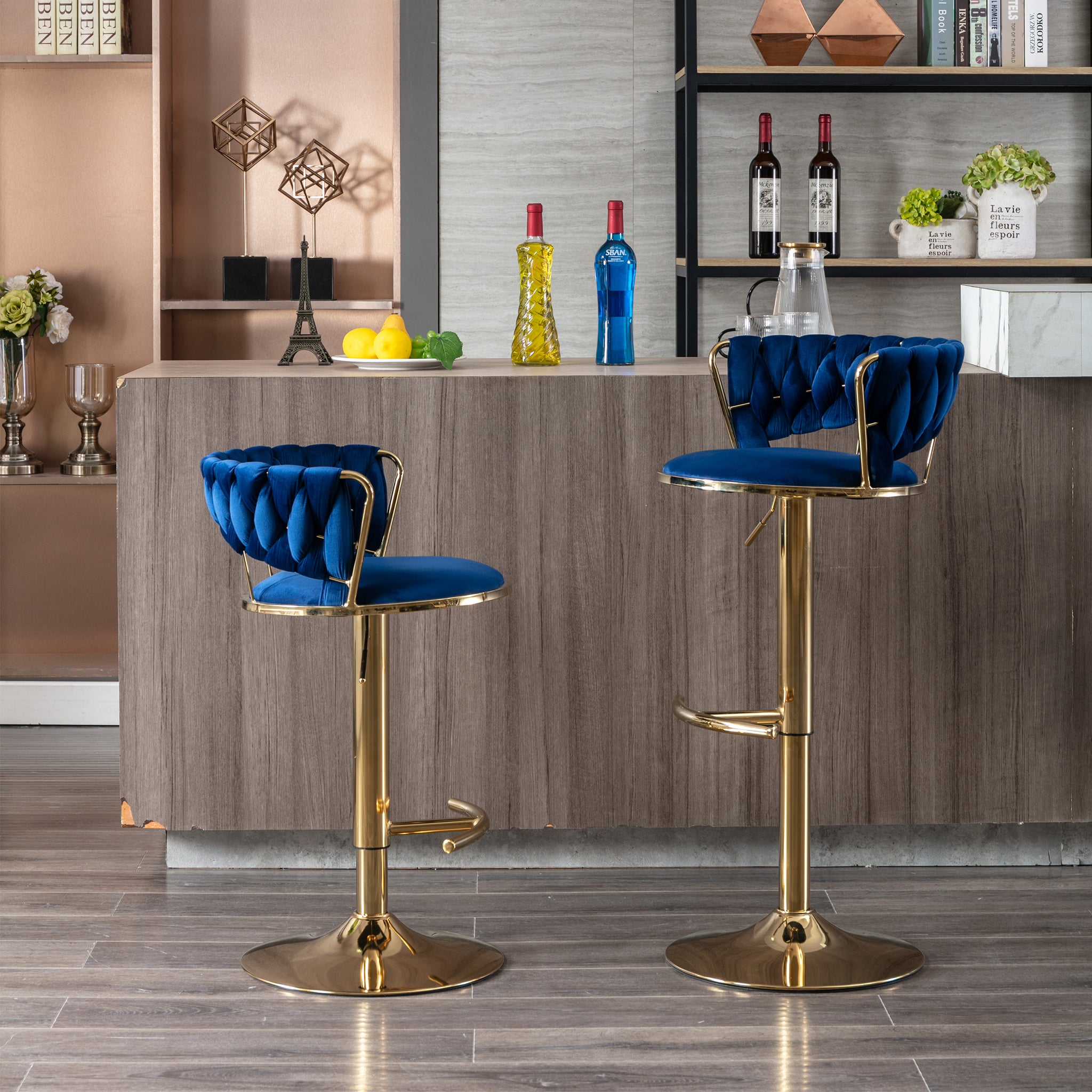 Set Of 2 Bar Stools,With Chrome Footrest And Base Swivel Height Adjustable Mechanical Lifting Velvet Golden Leg Simple Bar Stool Blue Blue Foam Fabric