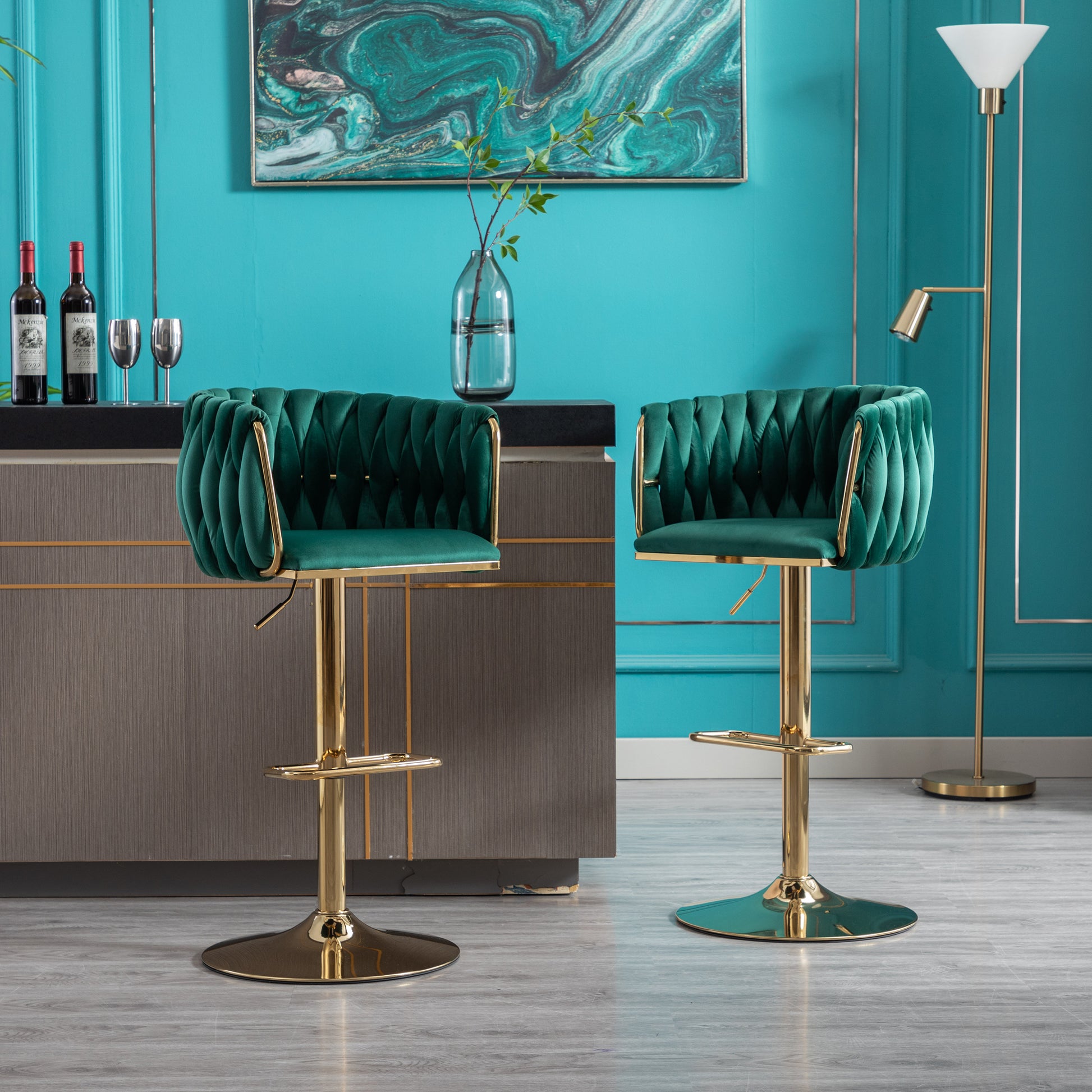 Set Of 2 Bar Stools,With Chrome Footrest And Base Swivel Height Adjustable Mechanical Lifting Velvet Golden Leg Simple Bar Stool Green Green Foam Fabric