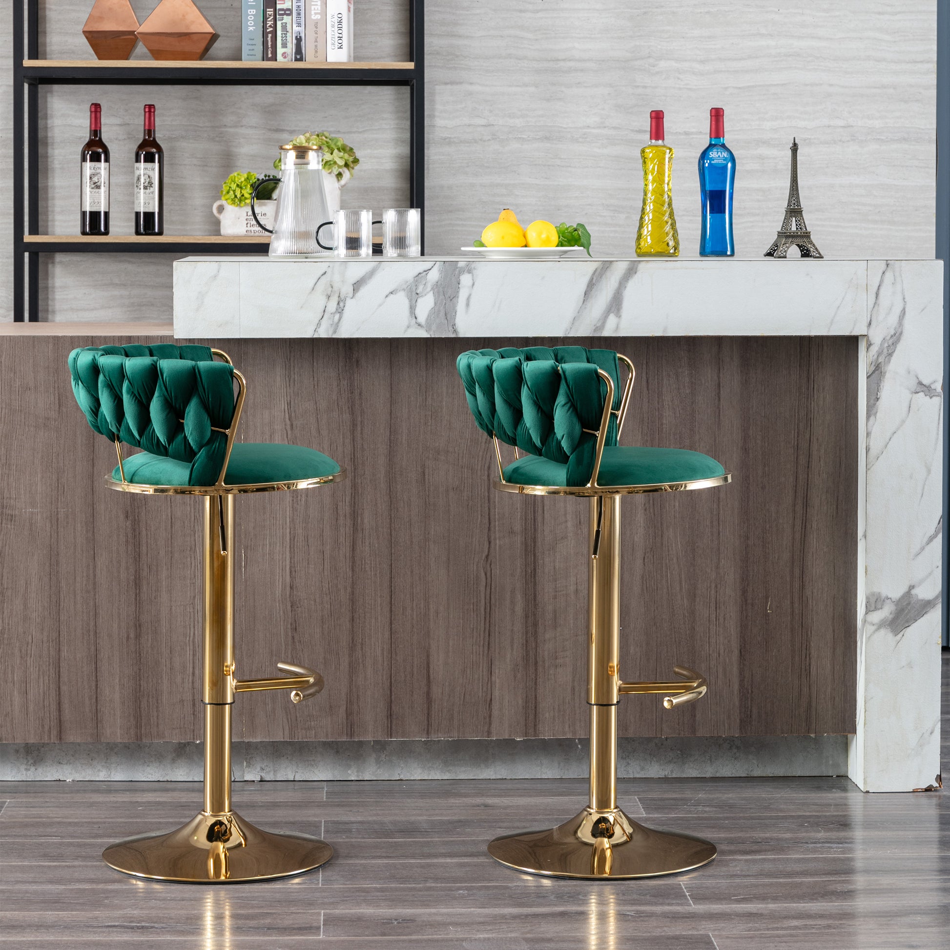 Set Of 2 Bar Stools,With Chrome Footrest And Base Swivel Height Adjustable Mechanical Lifting Velvet Golden Leg Simple Bar Stool Green Green Foam Fabric