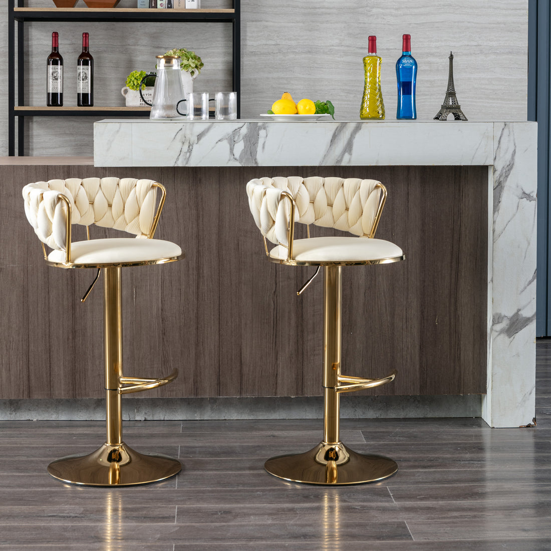 Set Of 2 Bar Stools,With Chrome Footrest And Base Swivel Height Adjustable Mechanical Lifting Velvet Golden Leg Simple Bar Stool Cream Cream Foam Fabric