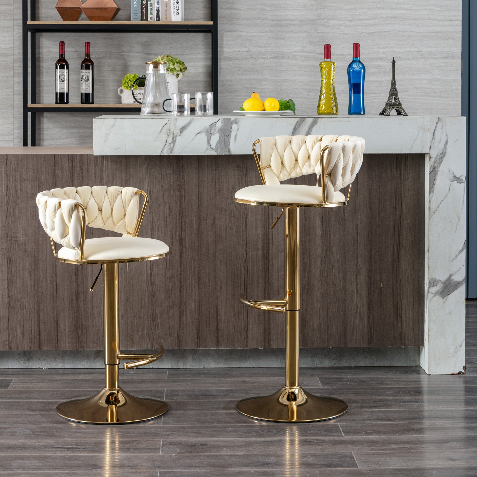 Set Of 2 Bar Stools,With Chrome Footrest And Base Swivel Height Adjustable Mechanical Lifting Velvet Golden Leg Simple Bar Stool Cream Cream Foam Fabric