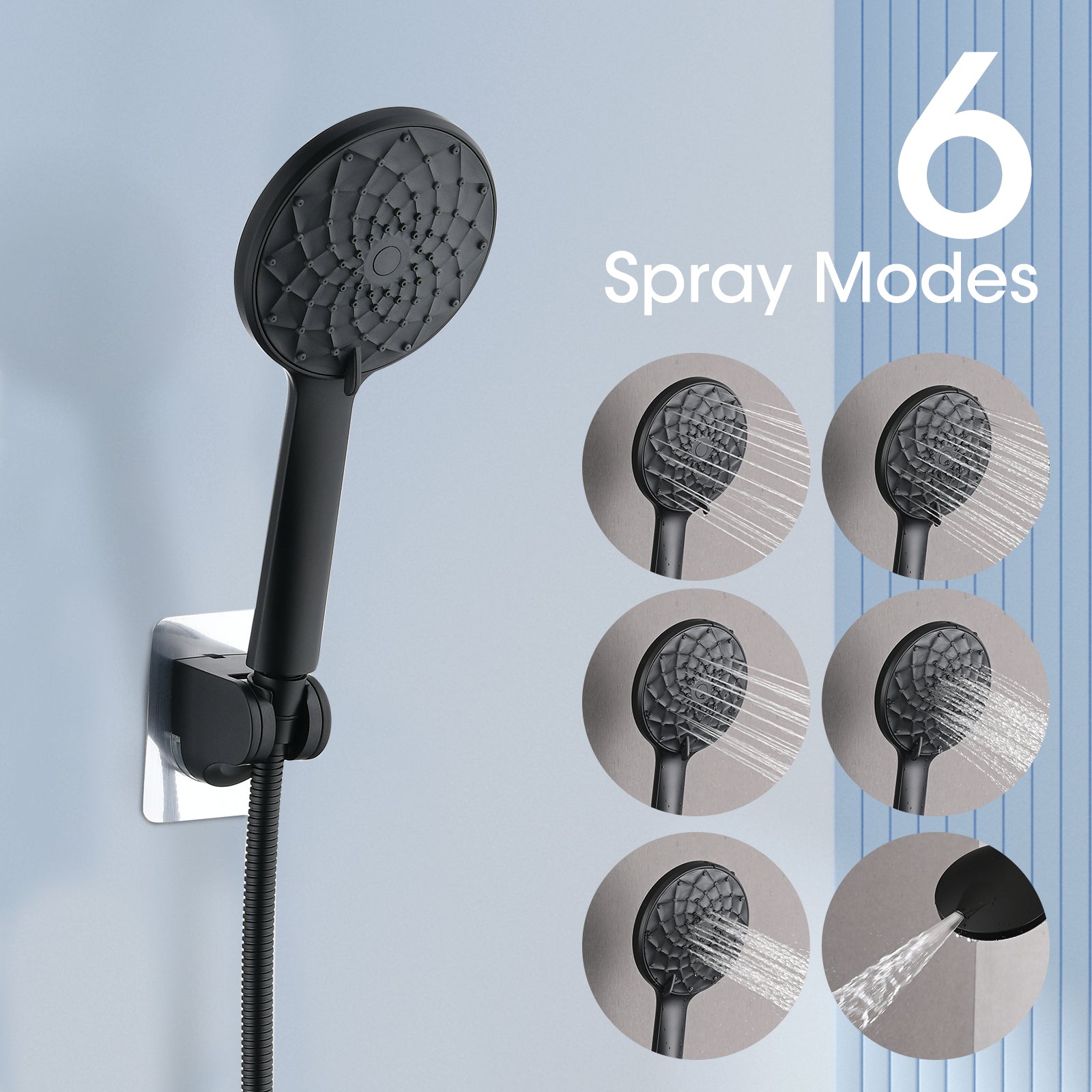 Shower Head, 10 Inch High Pressure Rainfall Shower Head Handheld Shower Combo With 11 Inch Extension Arm, 6 Settings Adjustable Anti Leak Shower Head With Holder Hose, Height Angle Adjustable Matte Black Metal