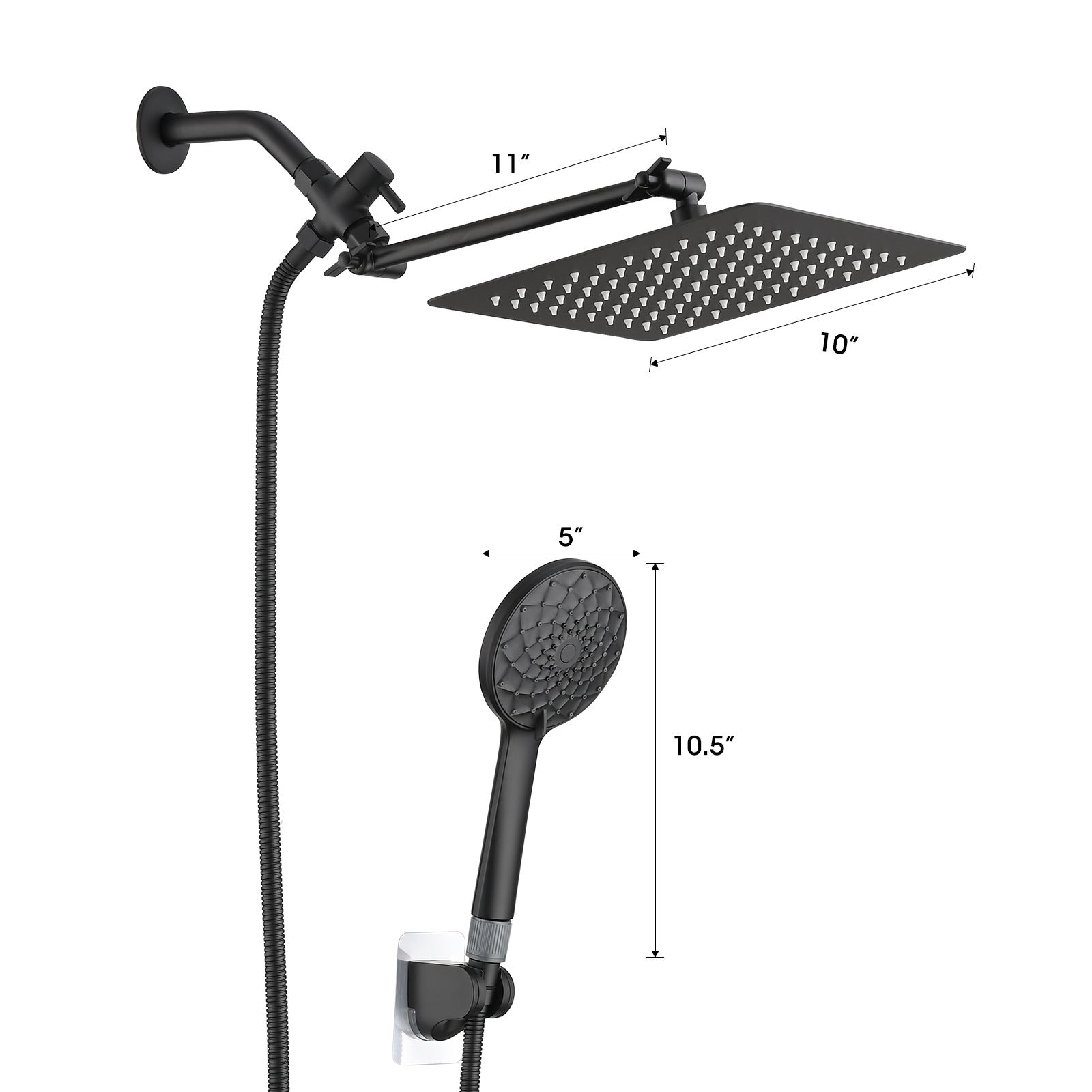 Shower Head, 10 Inch High Pressure Rainfall Shower Head Handheld Shower Combo With 11 Inch Extension Arm, 6 Settings Adjustable Anti Leak Shower Head With Holder Hose, Height Angle Adjustable Matte Black Metal