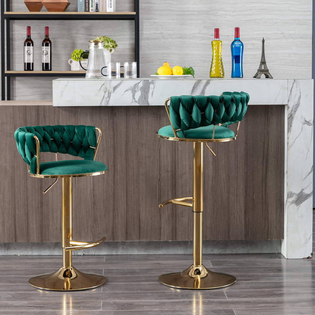 Set Of 2 Bar Stools,With Chrome Footrest And Base Swivel Height Adjustable Mechanical Lifting Velvet Golden Leg Simple Bar Stool Green Green Foam Fabric