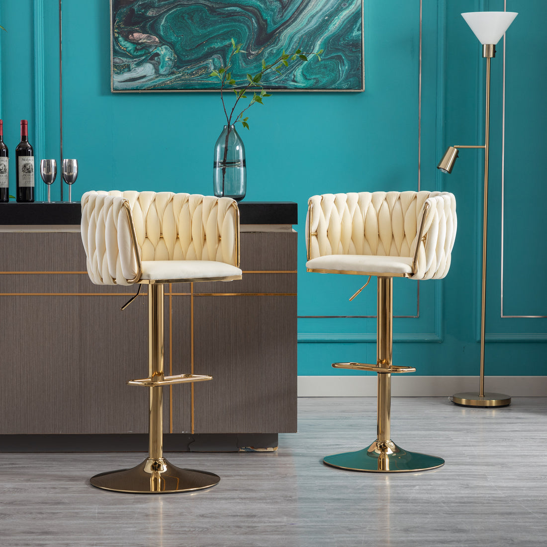 Set Of 2 Bar Stools,With Chrome Footrest And Base Swivel Height Adjustable Mechanical Lifting Velvet Golden Leg Simple Bar Stoo,Ivory Metal Ivory Dining Room Foam Modern Handle Bar Stools Foam