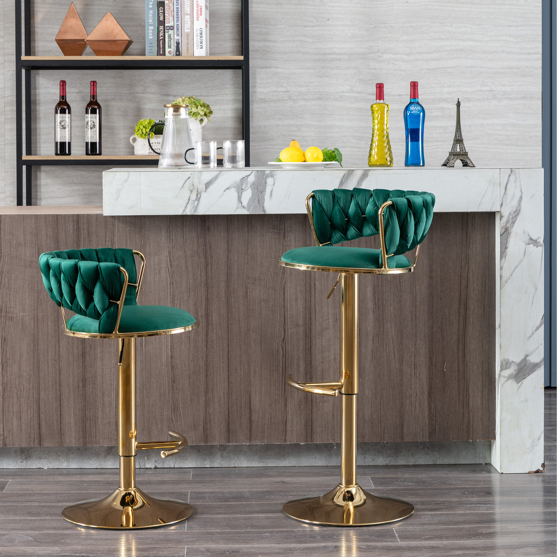 Set Of 2 Bar Stools,With Chrome Footrest And Base Swivel Height Adjustable Mechanical Lifting Velvet Golden Leg Simple Bar Stool Green Green Foam Fabric