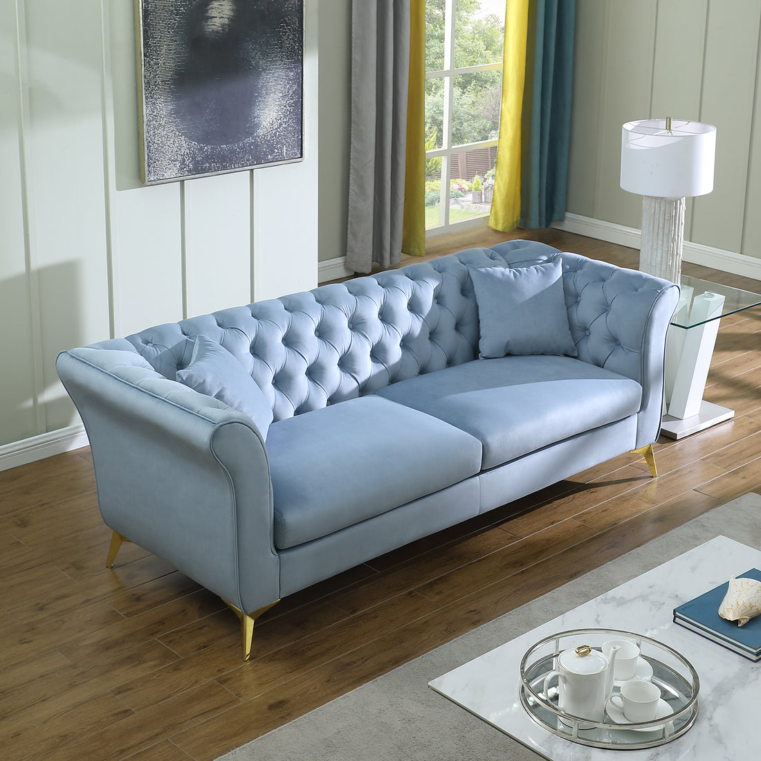 Chesterfield Sofa ,Stanford Sofahigh Quality Chesterfield Sofa ,Teal Bluetufted And Wrinkled Fabric Sofa Contemporary Stanford Sofa .Rseater Tufted Sofa With Scroll Arm And Scroll Back Teal Blue Velvet