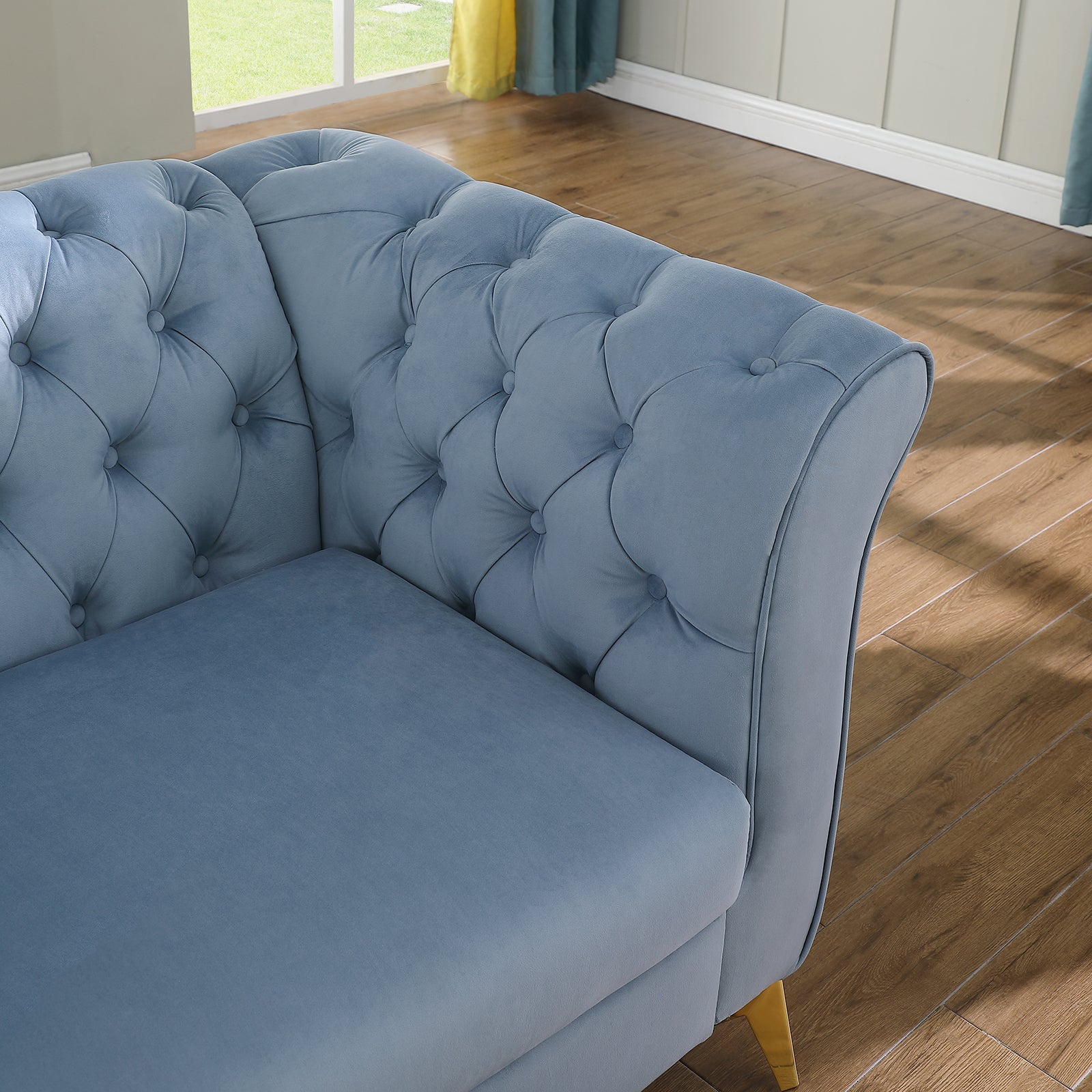 Chesterfield Sofa ,Stanford Sofahigh Quality Chesterfield Sofa ,Teal Bluetufted And Wrinkled Fabric Sofa Contemporary Stanford Sofa .Rseater Tufted Sofa With Scroll Arm And Scroll Back Teal Blue Velvet