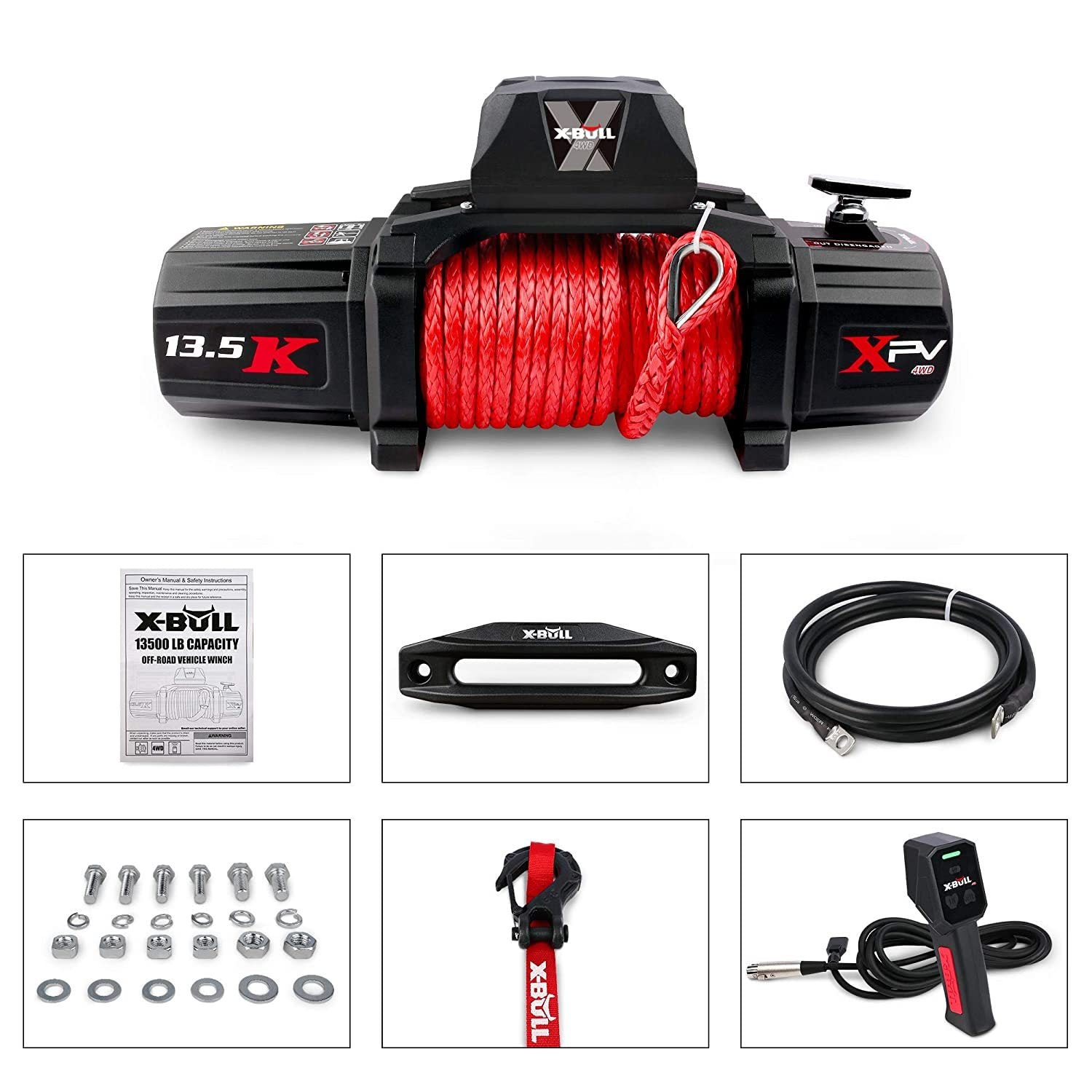 13500 Lbs Electric Winch Xpv 12V Synthetic Red Rope Arrival Jeep Towing Truck 4Wd Black Stainless Steel