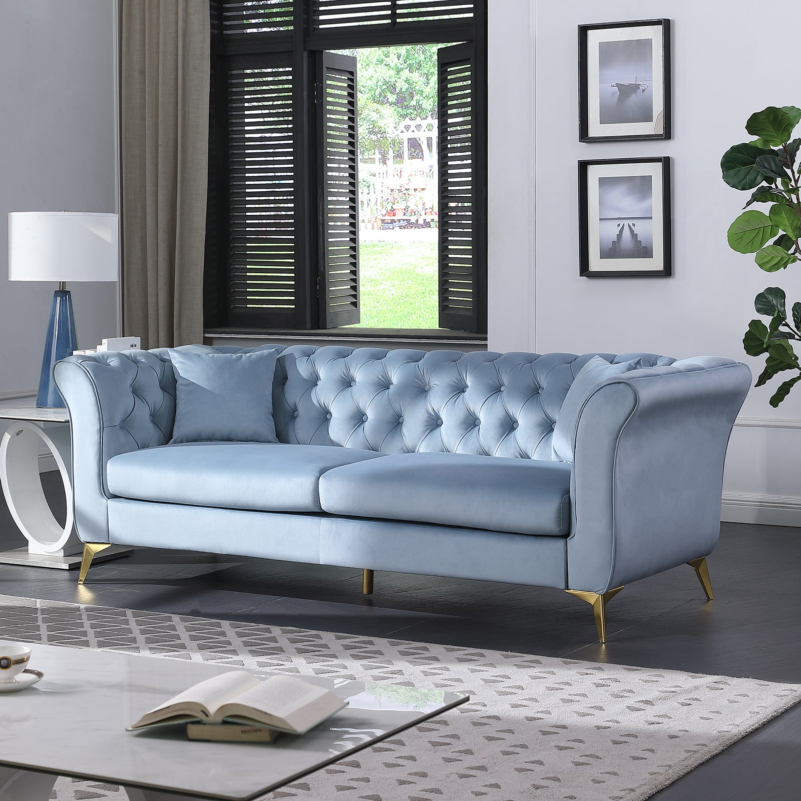 Chesterfield Sofa ,Stanford Sofahigh Quality Chesterfield Sofa ,Teal Bluetufted And Wrinkled Fabric Sofa Contemporary Stanford Sofa .Rseater Tufted Sofa With Scroll Arm And Scroll Back Teal Blue Velvet