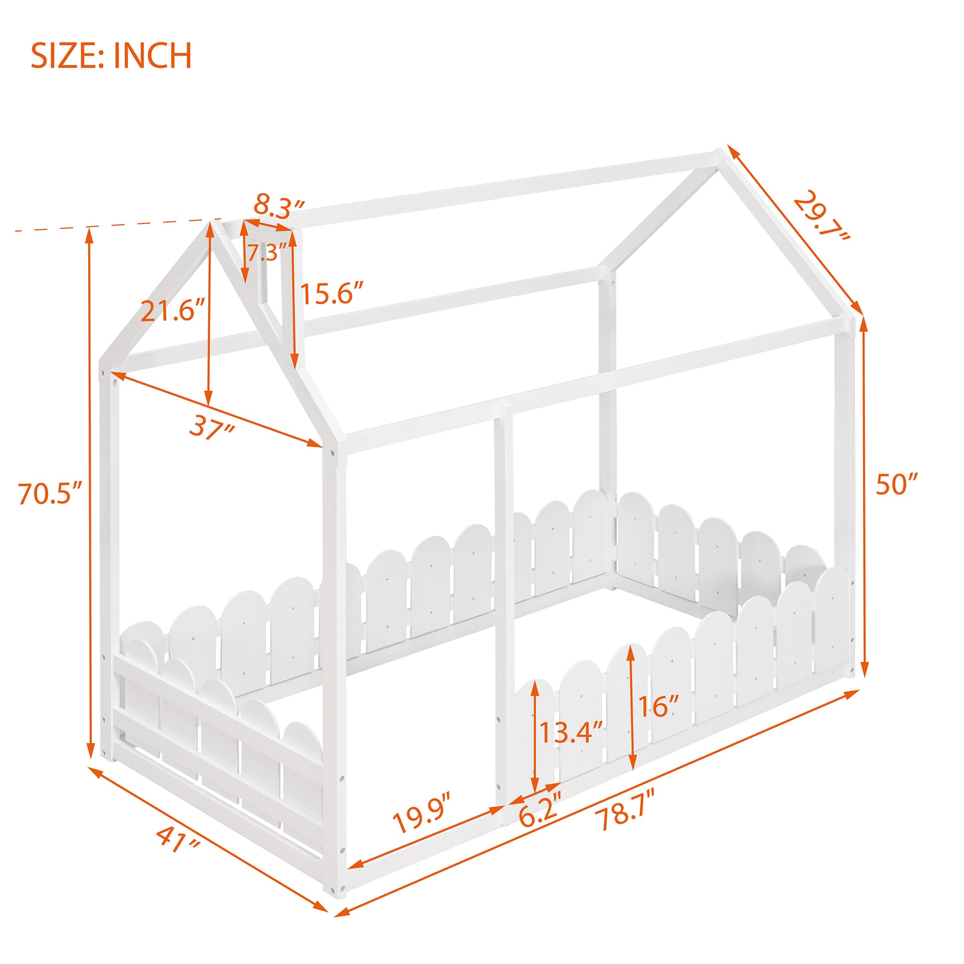 Slats Are Not Included Twin Size Wood Bed House Bed Frame With Fence,For Kids,Teens, Girls,Boys White Old Sku:Wf194274Aak White Solid Wood