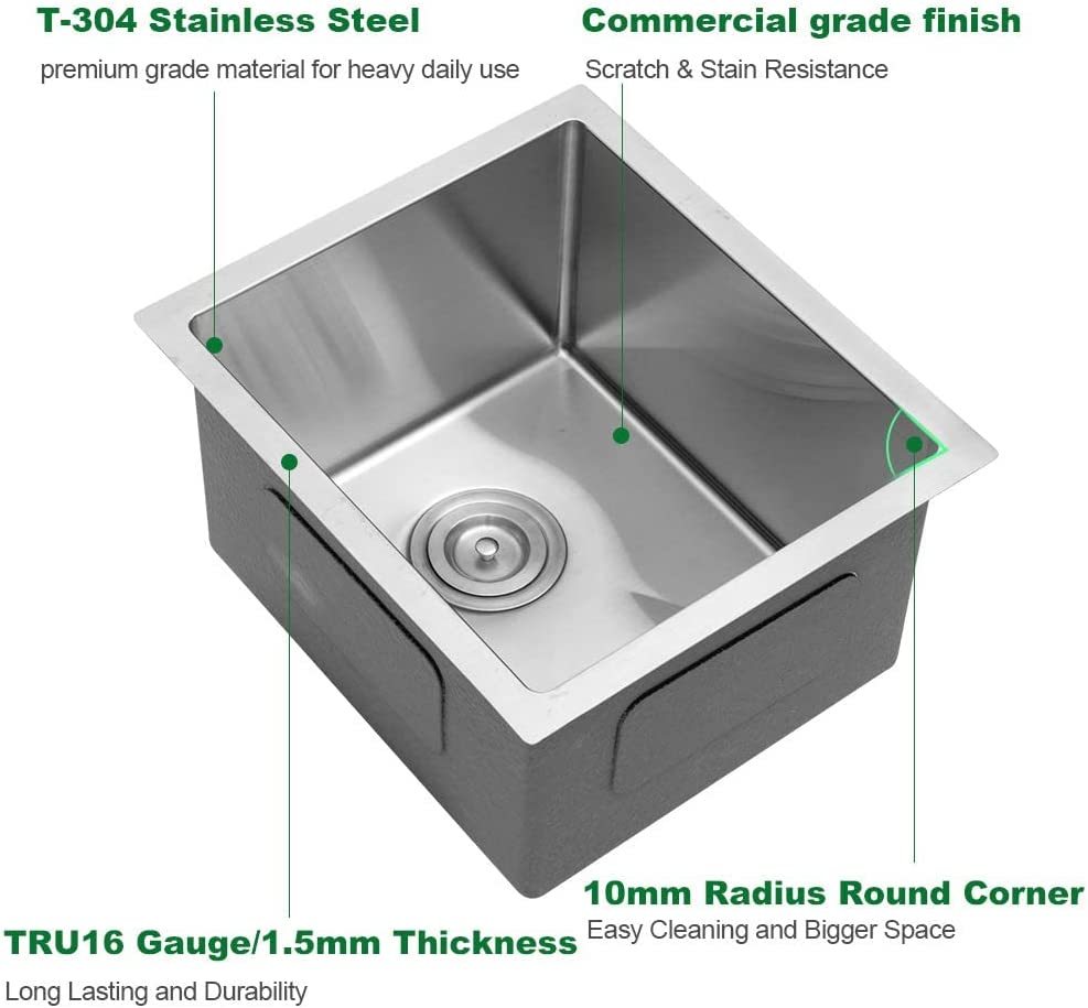 Bar Sink Undermount Sarlai 14"X18" Undermount Single Bowl Stainless Steel Bar Prep Sink Small Kitchen Sink Brushed Nickel Stainless Steel