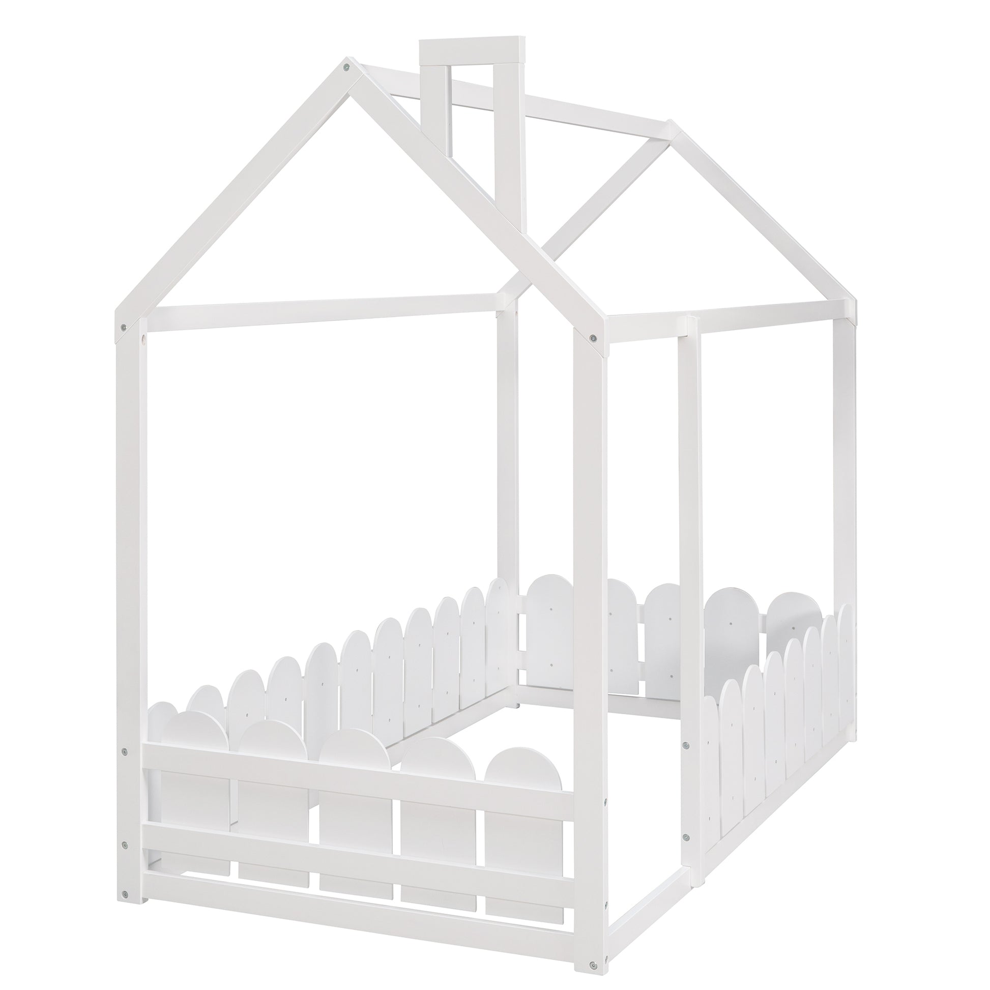 Slats Are Not Included Twin Size Wood Bed House Bed Frame With Fence,For Kids,Teens, Girls,Boys White Old Sku:Wf194274Aak White Solid Wood