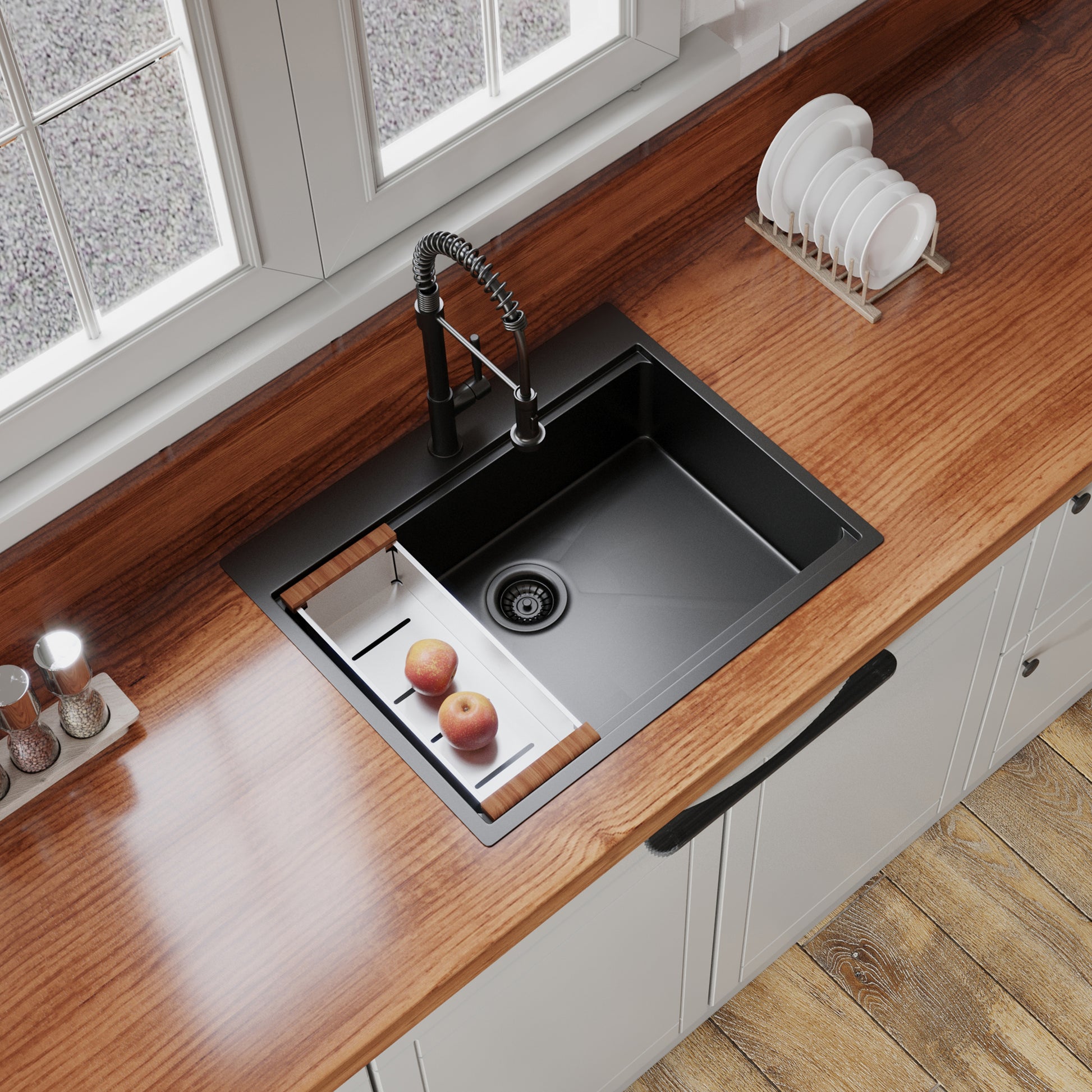 27" X 22" Drop In Kitchen Sink Gunmetal Black, 16 Gauge Stainless Steel Workstation Sink Black Stainless Steel