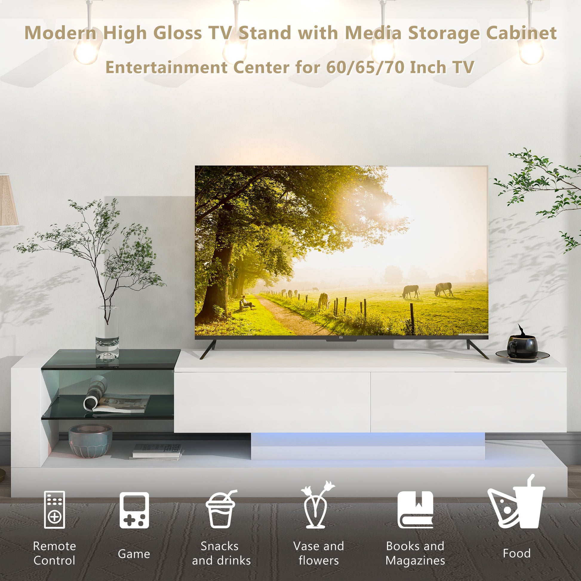 Tv Stand With Two Media Storage Cabinets Modern High Gloss Entertainment Center For 75 Inch Tv, 16 Color Rgb Led Color Changing Lights For Living Room, White White Mdf