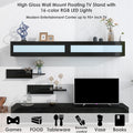 Wall Mount Floating Tv Stand With Four Media Storage Cabinets And Two Shelves, Modern High Gloss Entertainment Center For 95 Inch Tv, 16 Color Rgb Led Lights For Living Room, Bedroom, Black Black Particle Board