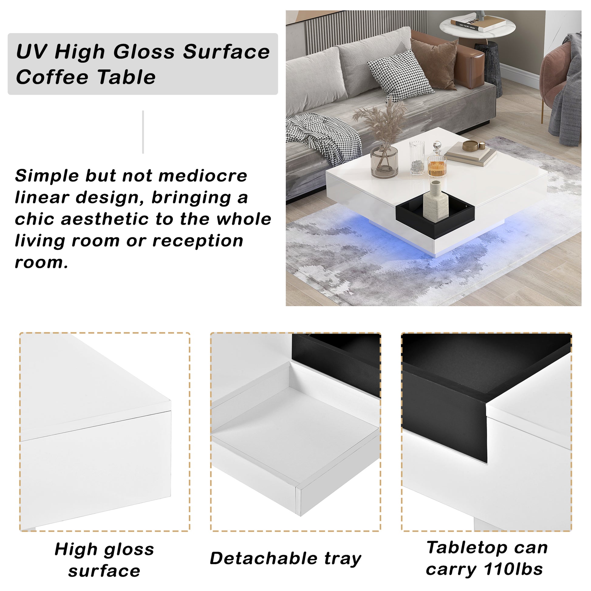 Modern Minimalist Design 31.5*31.5In Square Coffee Table With Detachable Tray And Plug In 16 Color Led Strip Lights Remote Control For Living Room Old Sku: Wf291303Aak White Mdf