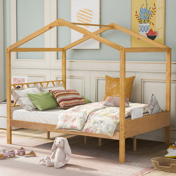 Full Size Wood House Bed With Storage Space, Natural Old Sku :Lp000002Aam Natural Solid Wood