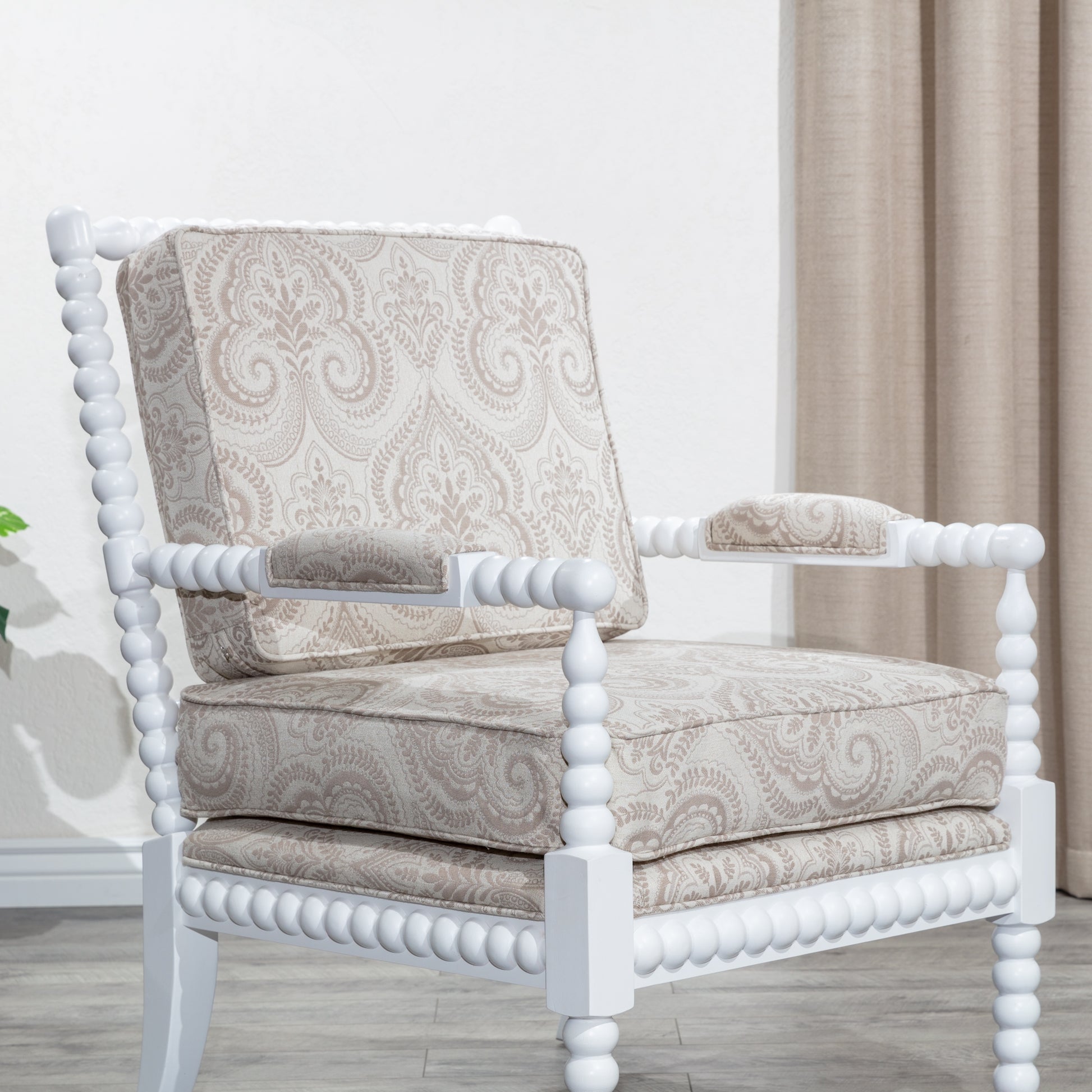 Spindle Chair, White Finish, Taupe Paisley Fabric White Fabric