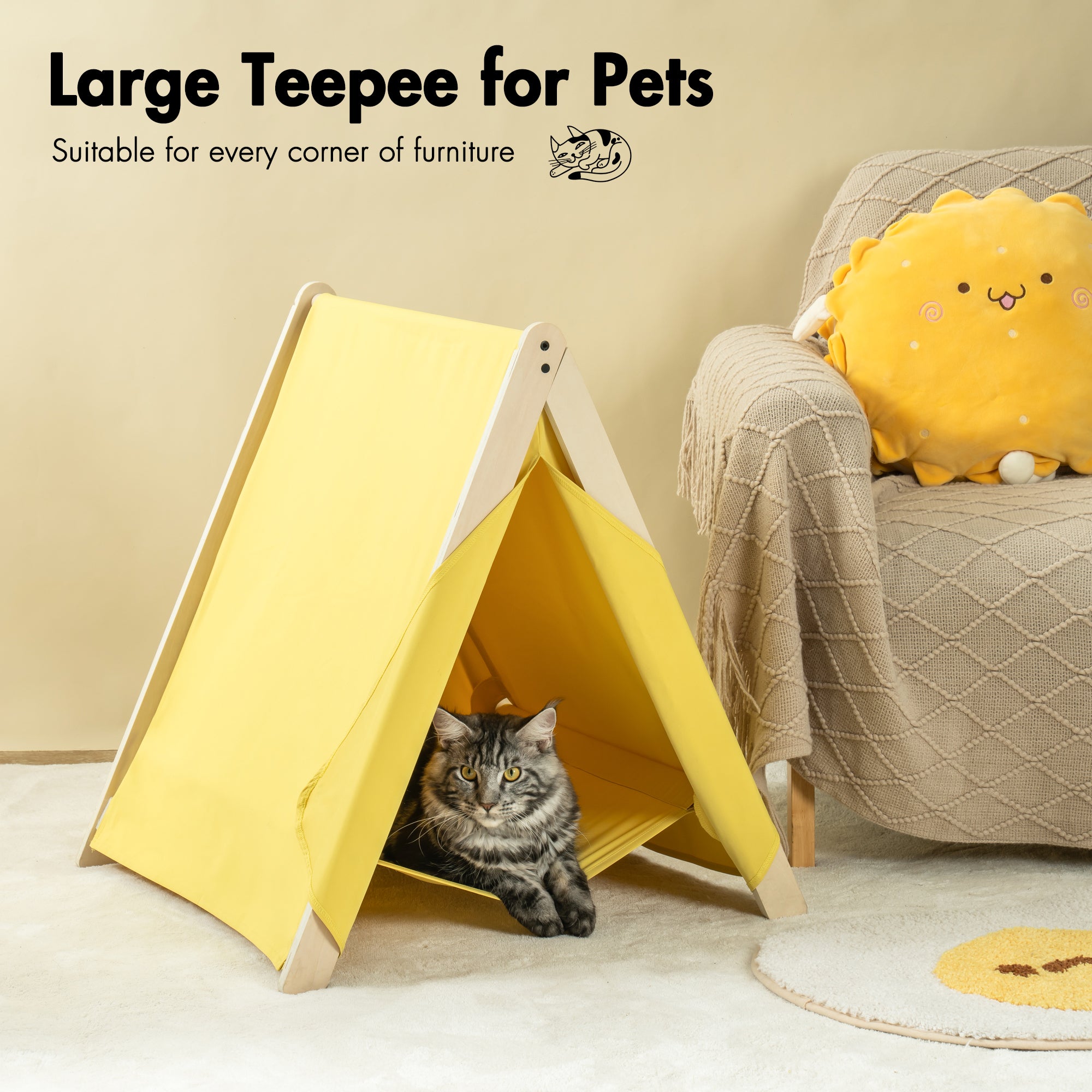 Pet Tent, Cat Tent for Indoor Cats, Wooden Cat House yellow-solid wood