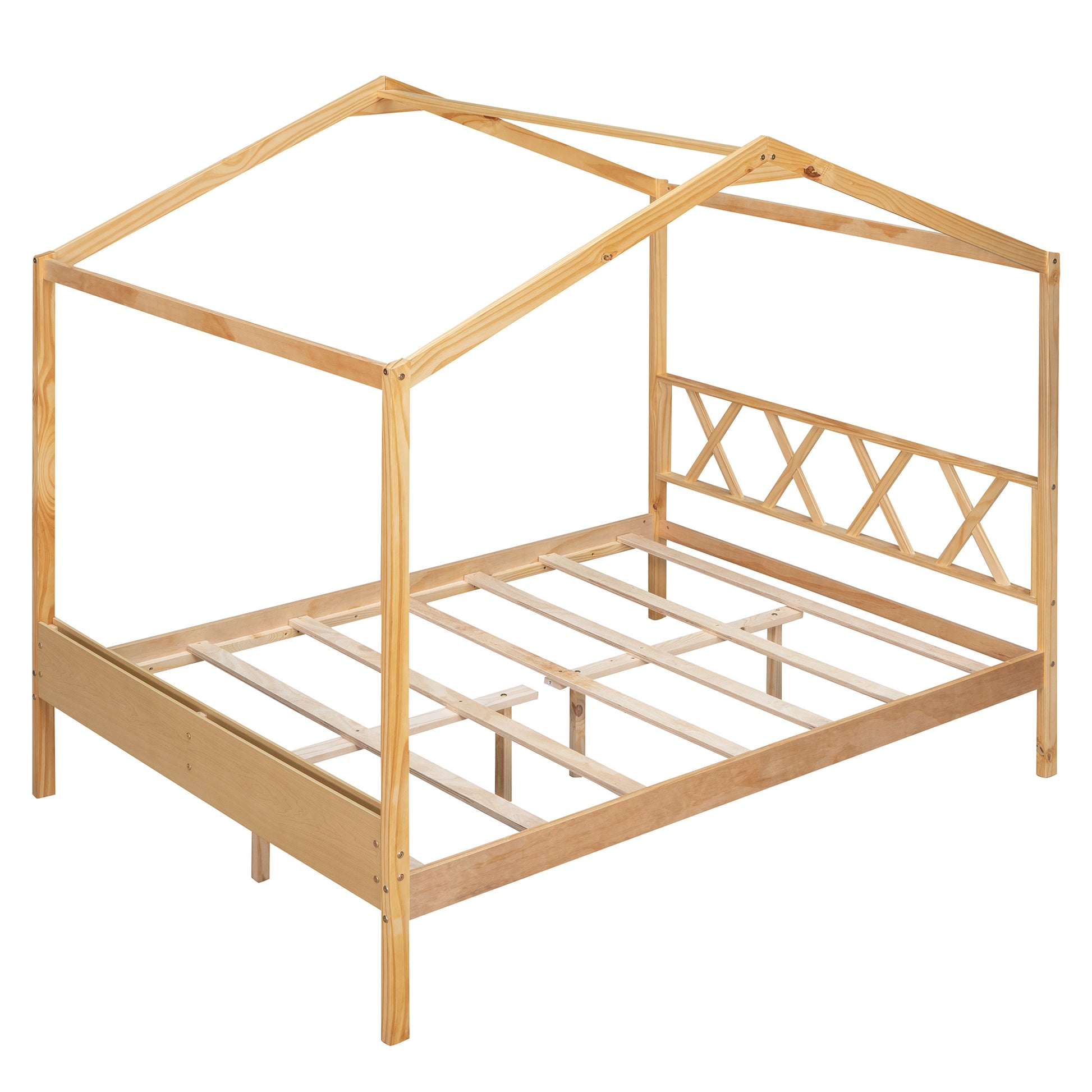 Full Size Wood House Bed With Storage Space, Natural Old Sku :Lp000002Aam Natural Solid Wood