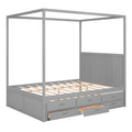 Queen Size Canopy Platform Bed With Twin Size Trundle And Three Storage Drawers,Gray Gray Pine
