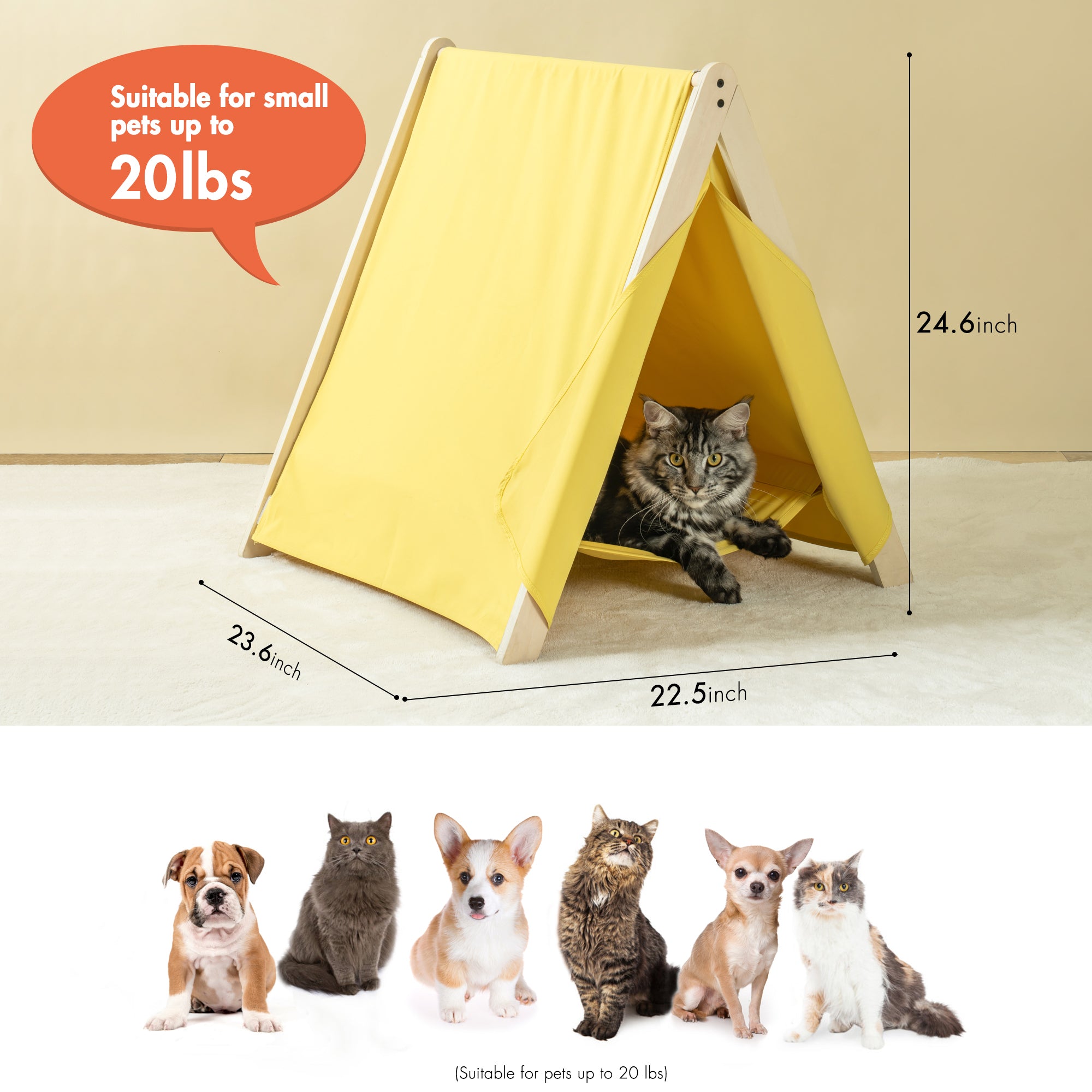 Pet Tent, Cat Tent for Indoor Cats, Wooden Cat House yellow-solid wood
