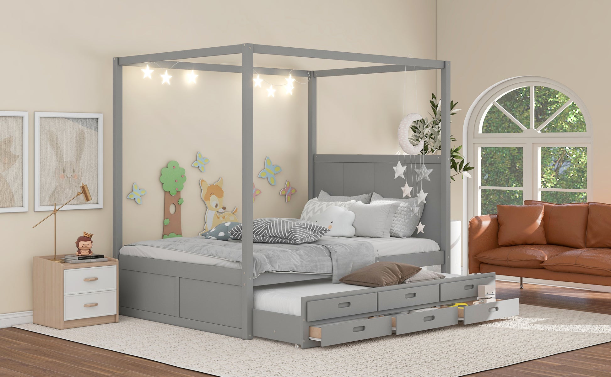 Queen Size Canopy Platform Bed With Twin Size Trundle And Three Storage Drawers,Gray Gray Pine