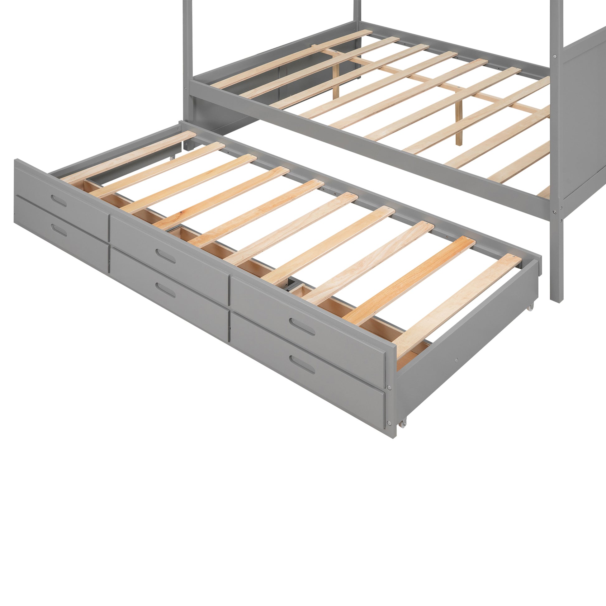 Queen Size Canopy Platform Bed With Twin Size Trundle And Three Storage Drawers,Gray Gray Pine