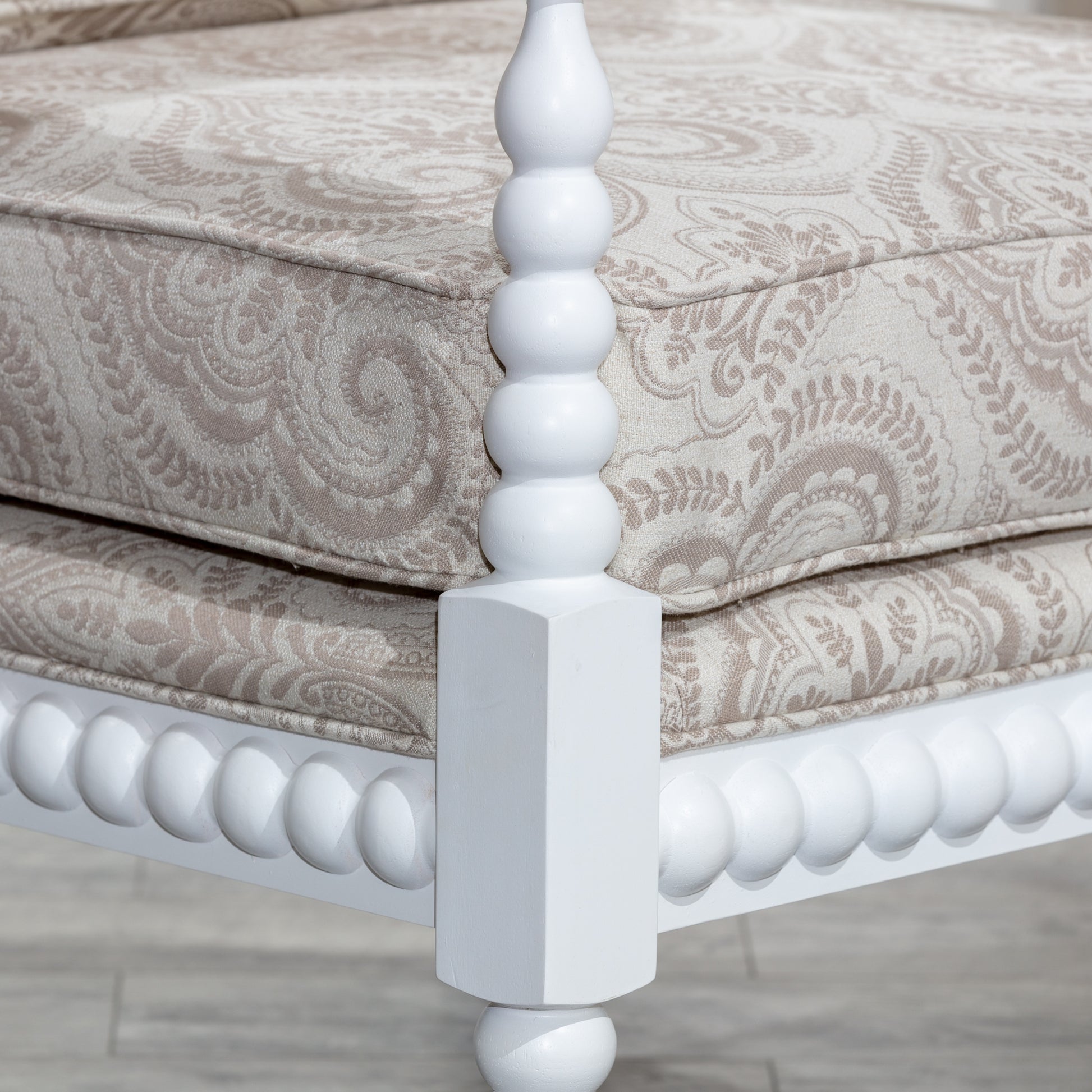 Spindle Chair, White Finish, Taupe Paisley Fabric White Fabric