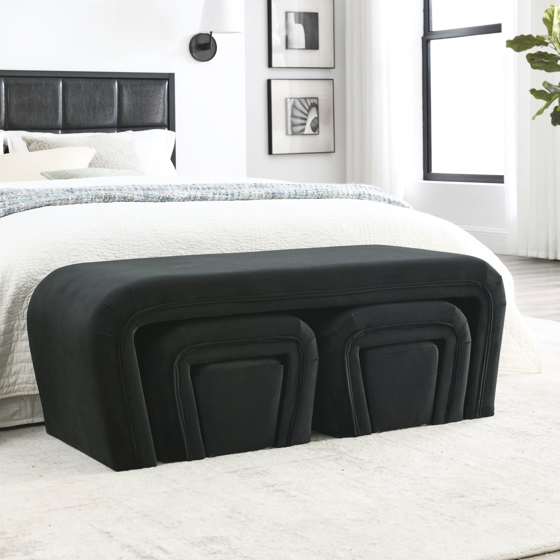 Video Welike 46" W Modern Contemporary Upholstered Nesting Bench, Including Four Nesting Benches, Velvet Black Polyester Velvet