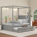 Queen Size Canopy Platform Bed With Twin Size Trundle And Three Storage Drawers,Gray Gray Pine