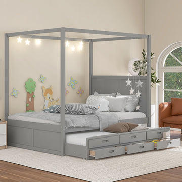 Queen Size Canopy Platform Bed With Twin Size Trundle And Three Storage Drawers,Gray Gray Pine
