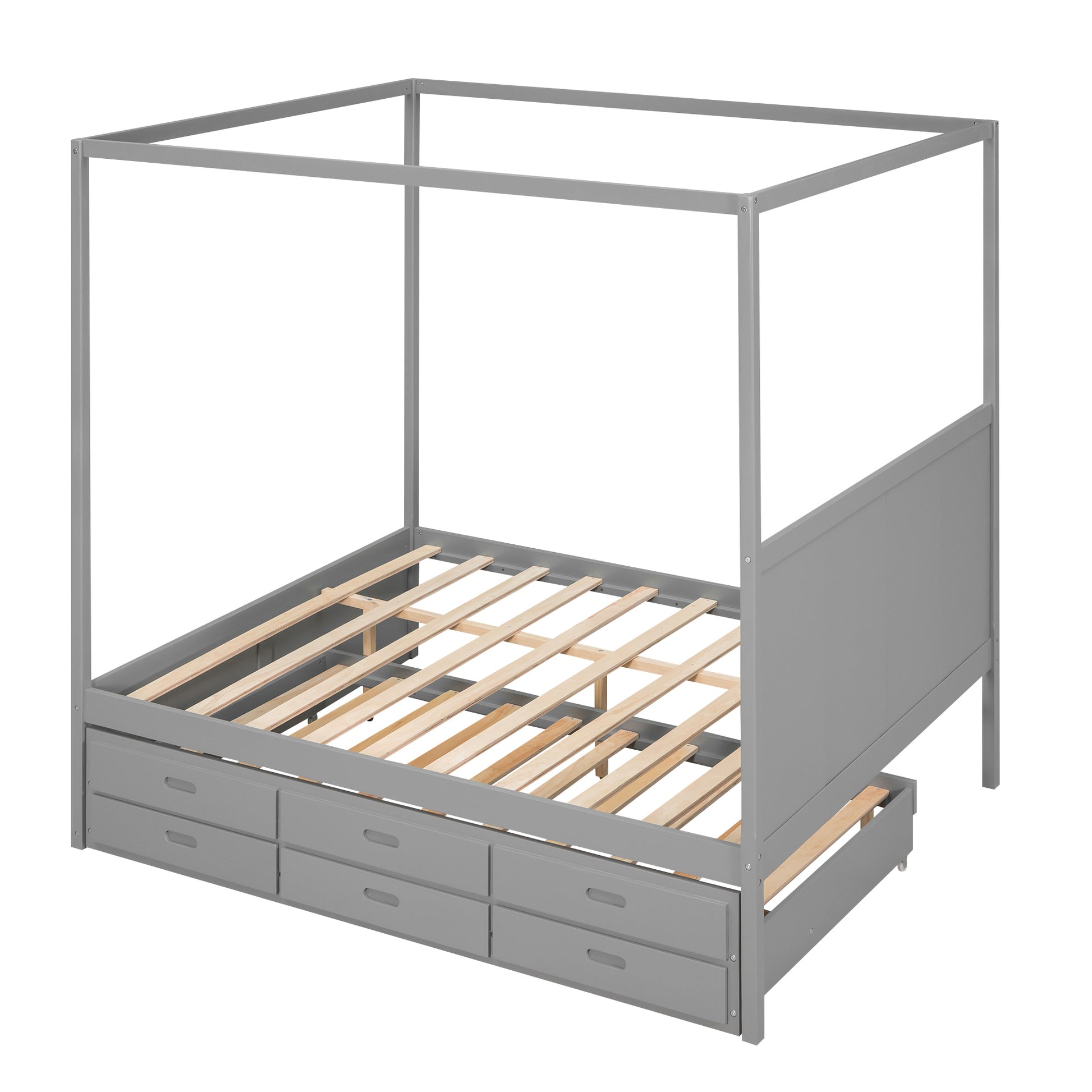 Queen Size Canopy Platform Bed With Twin Size Trundle And Three Storage Drawers,Gray Gray Pine