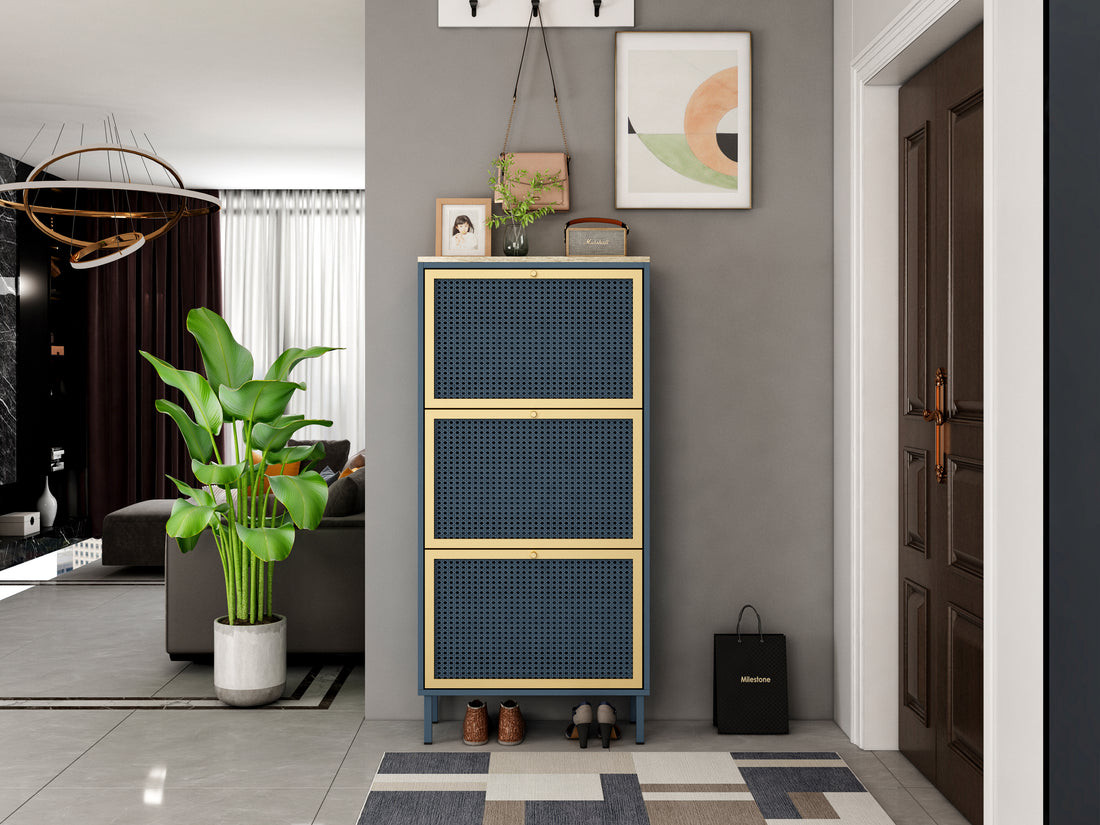 3 Metal Door Shoe Rack, Freestanding Modern Shoe Storage Cabinet, Metal Rattan, For Entryway Blue Gray Particle Board