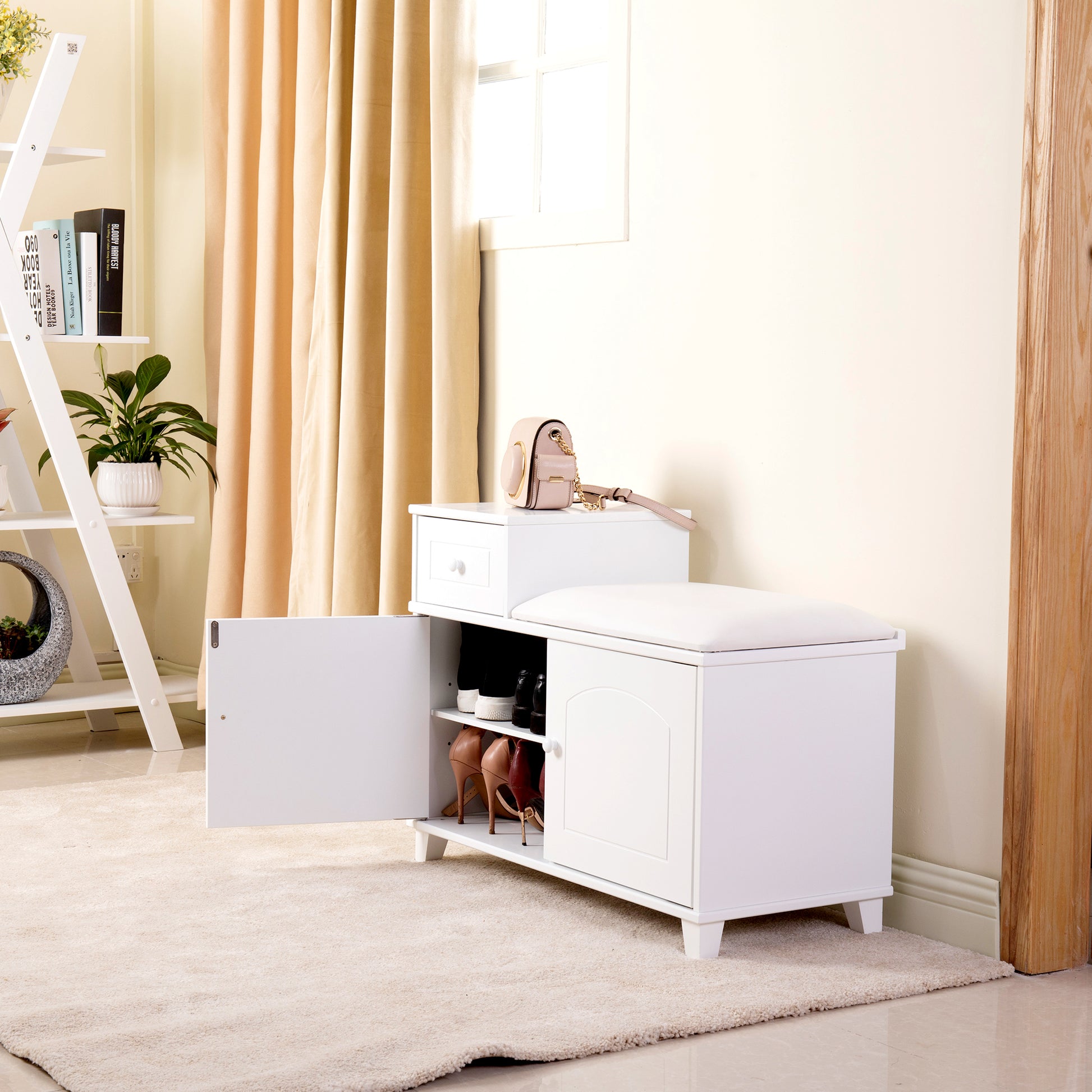 Wooden Shoe Storage Bench Shoe Ottoman Cabinet With Drawer,White White Mdf