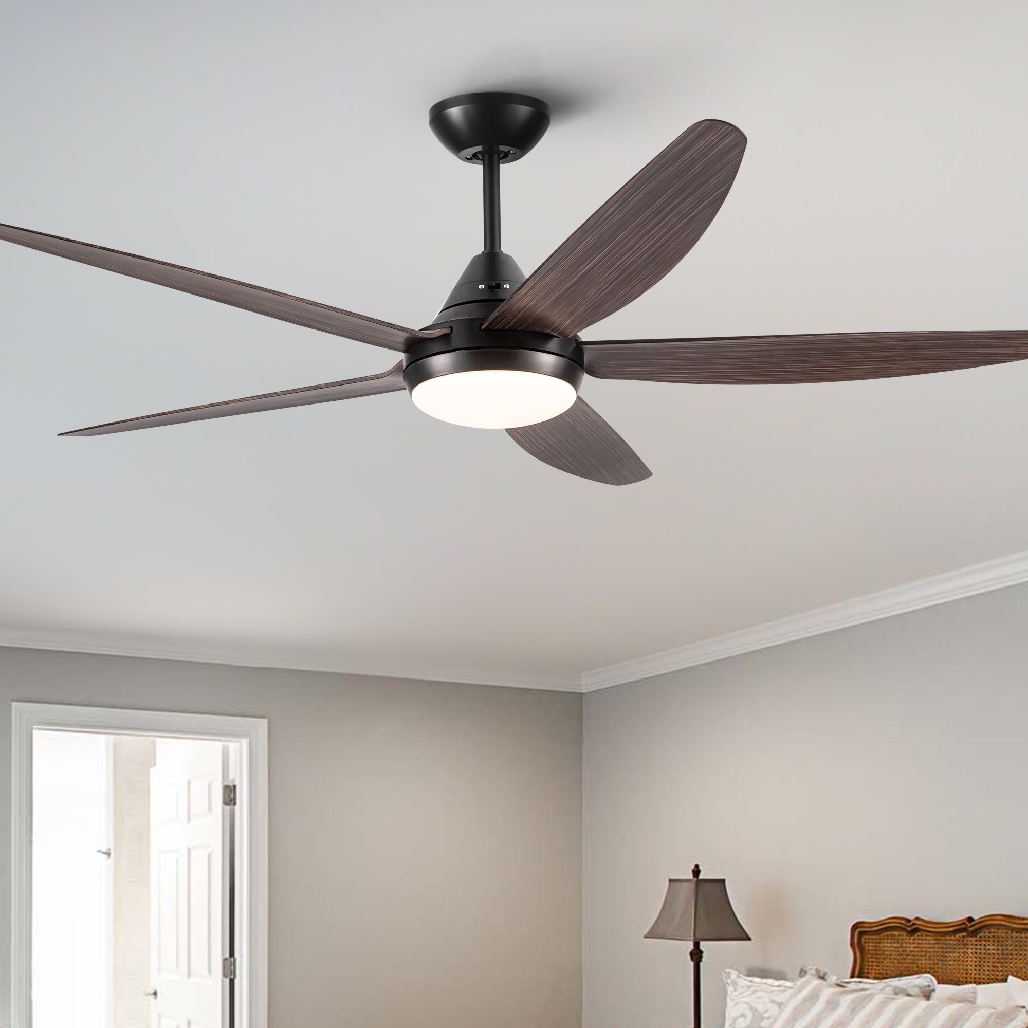 56 In Intergrated Led Ceiling Fan Lighting With Brown Wood Grain Abs Blade Black Brown Abs