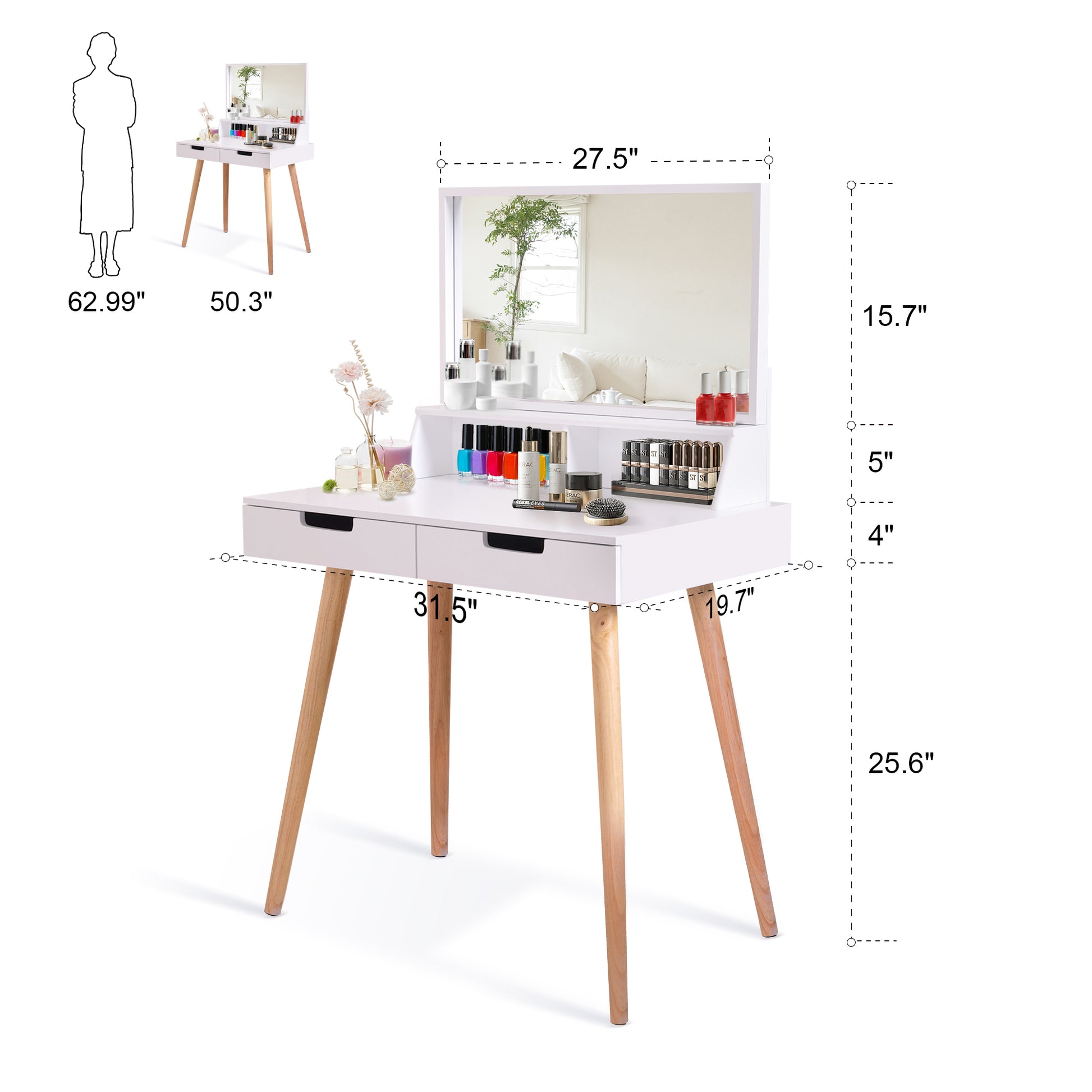 Wooden Mirror Vanity Desk Makeup Table,White White Mdf