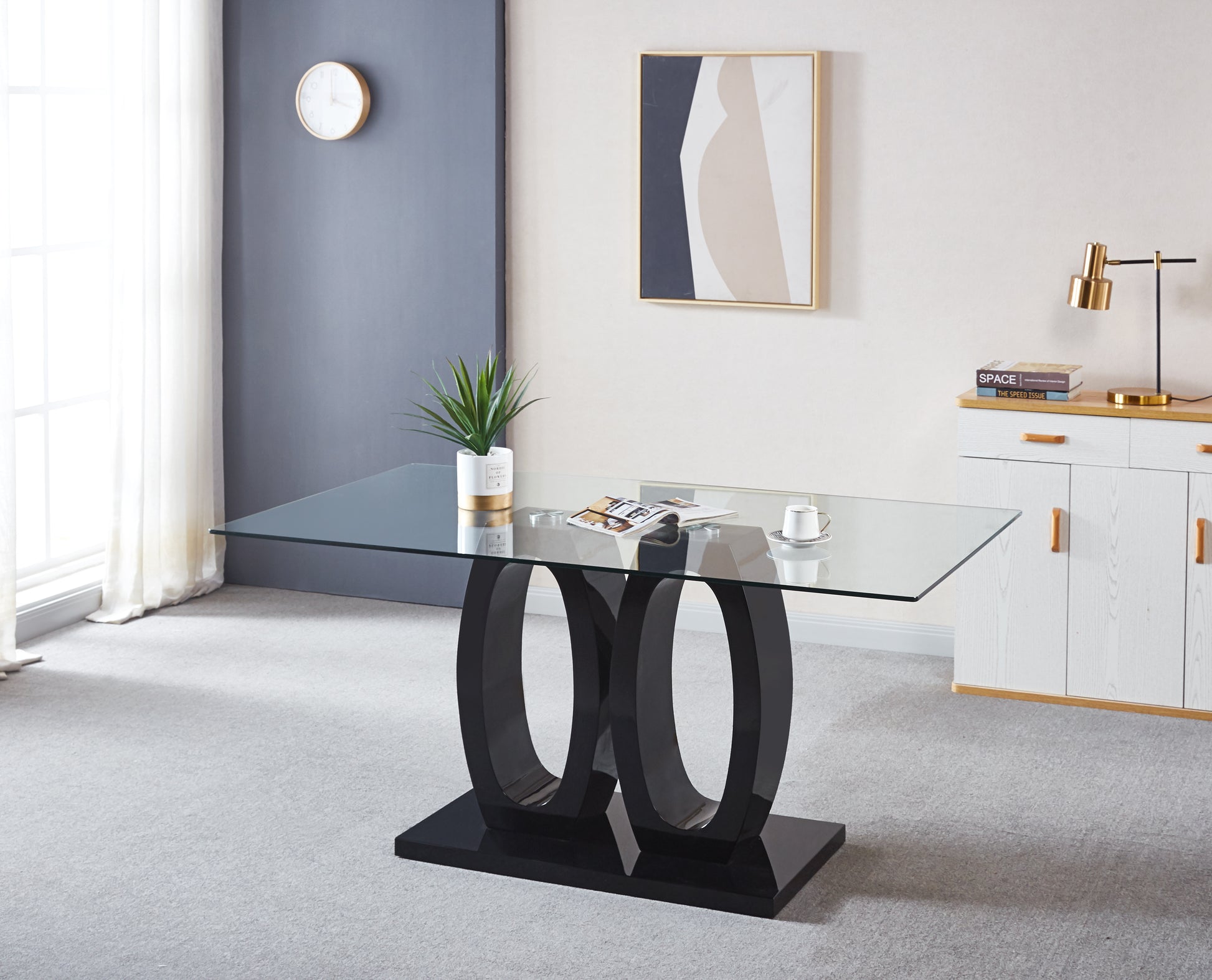 Contemporary Tempered Glass Top Double Pedestal Dining Table, Size 63" X 35.4" X 29.5" Black Or White Black Mdf