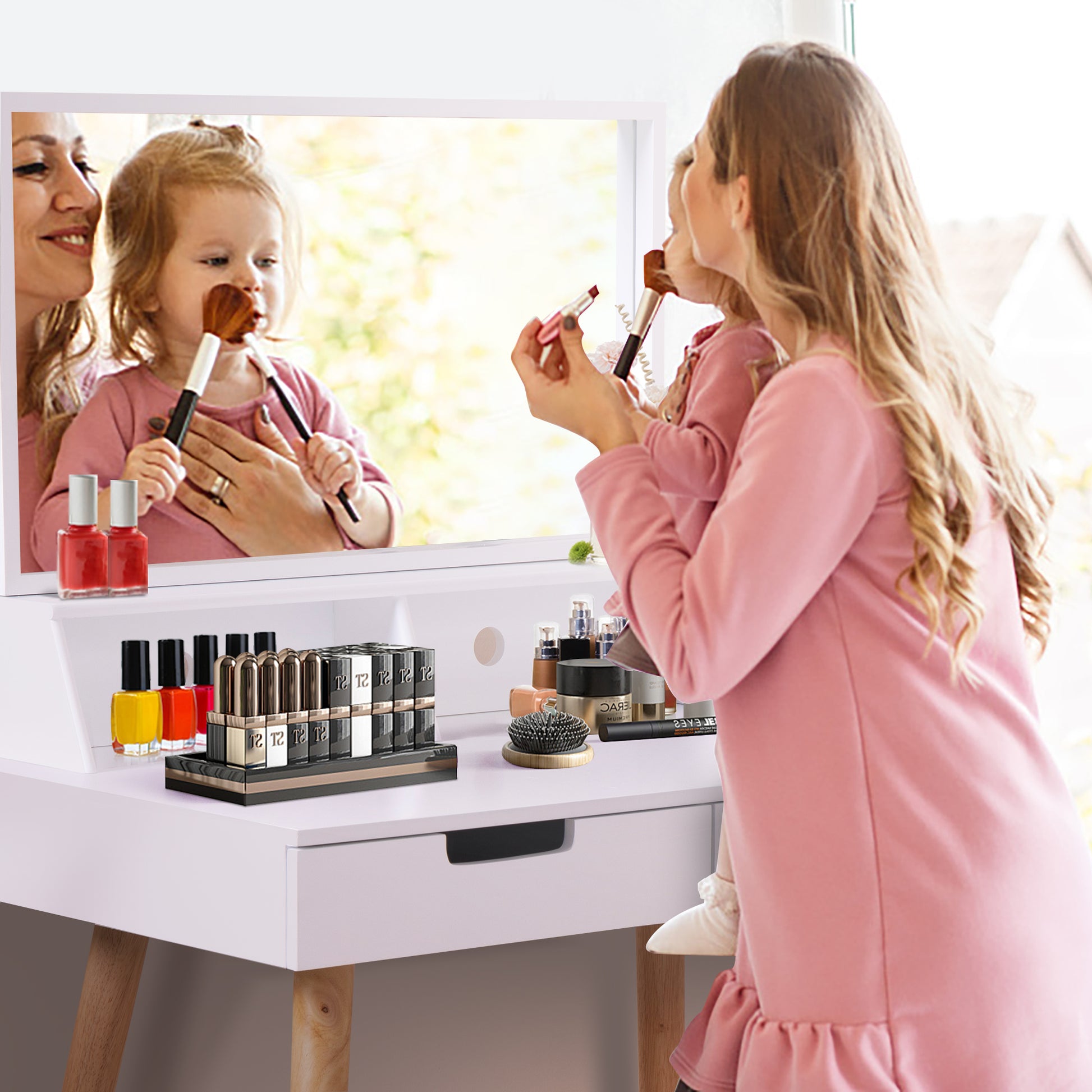 Wooden Mirror Vanity Desk Makeup Table,White White Mdf