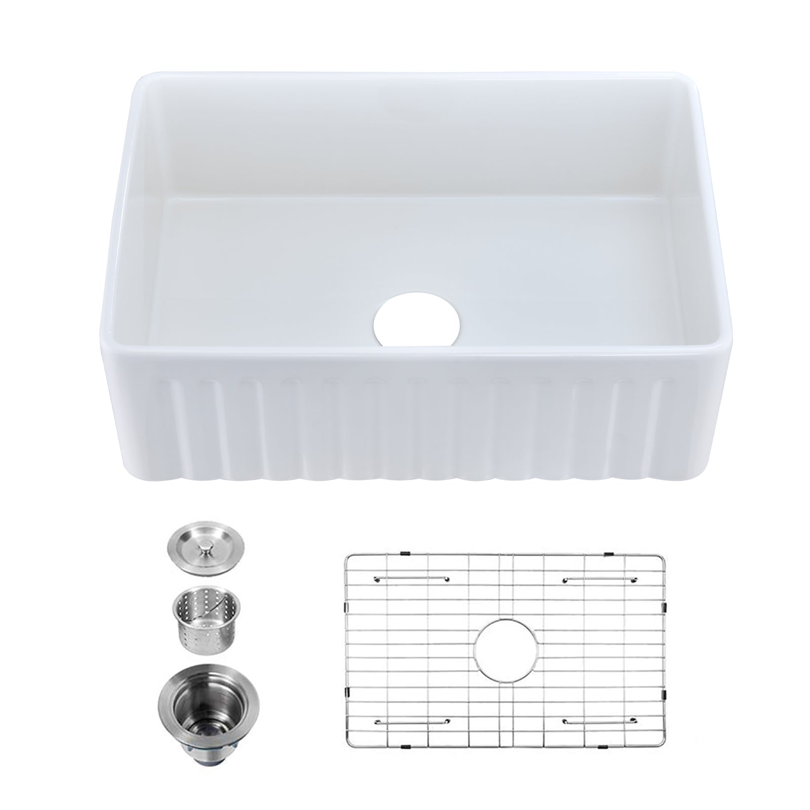 Fireclay 36" L X 20" W Farmhouse Kitchen Sink With Grid And Strainer White Fireclay