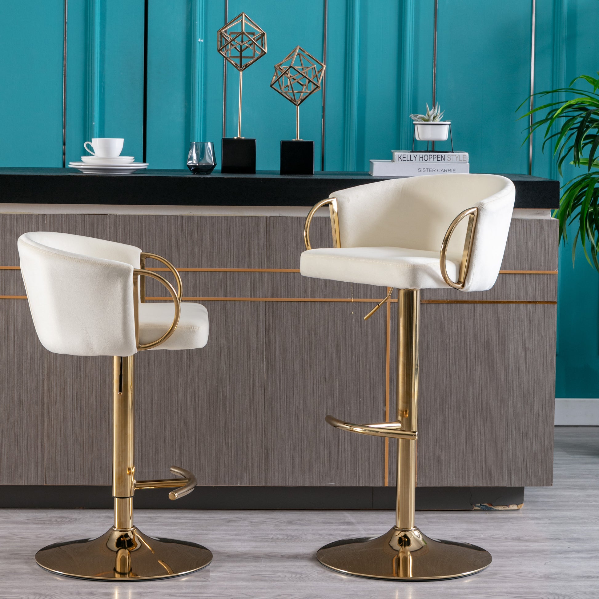 Set Of 2 Bar Stools,With Chrome Footrest And Base Swivel Height Adjustable Mechanical Lifting Velvet Golden Leg Simple Bar Stool Ivory Ivory Foam Fabric