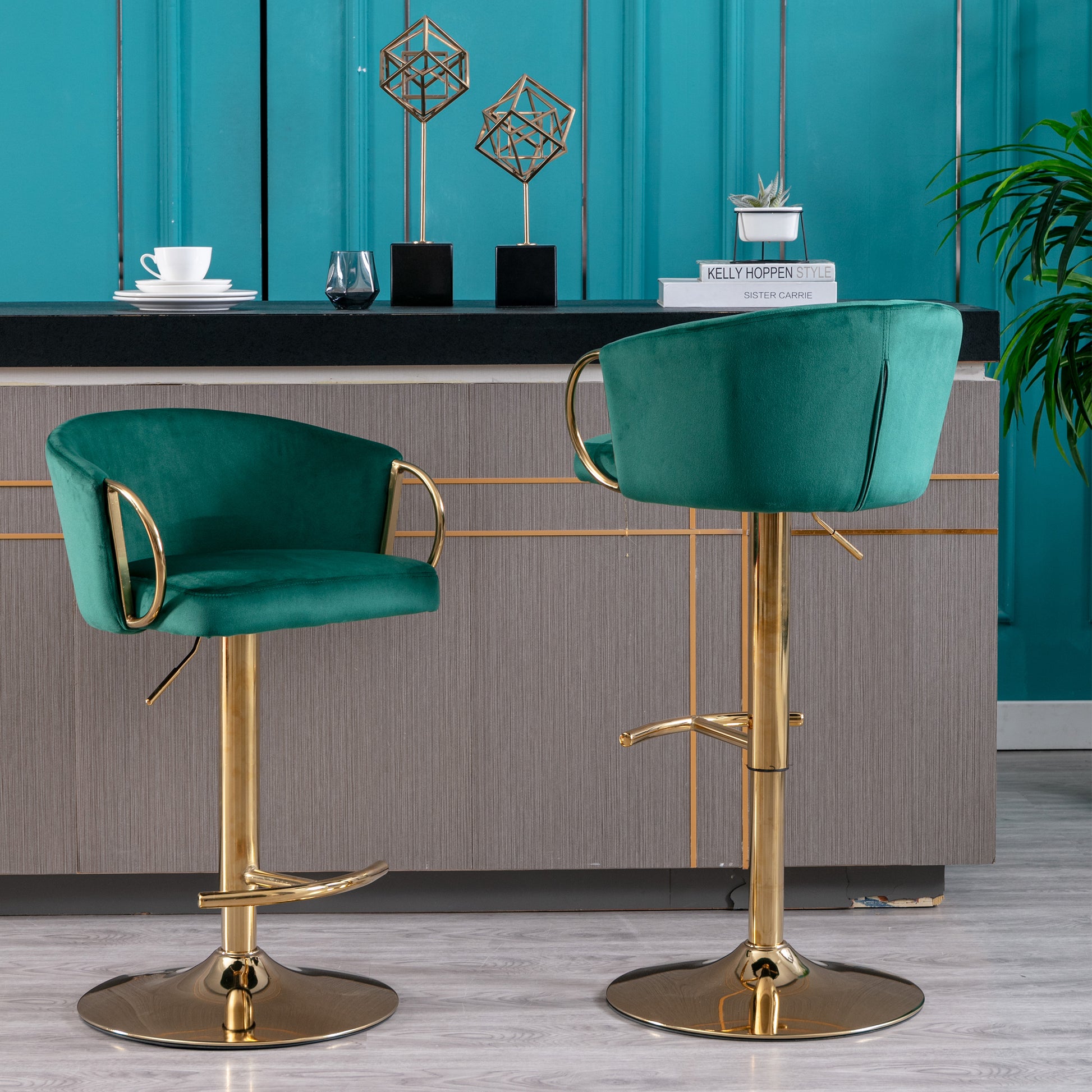 Set Of 2 Bar Stools,With Chrome Footrest And Base Swivel Height Adjustable Mechanical Lifting Velvet Golden Leg Simple Bar Stool Green Green Foam Fabric