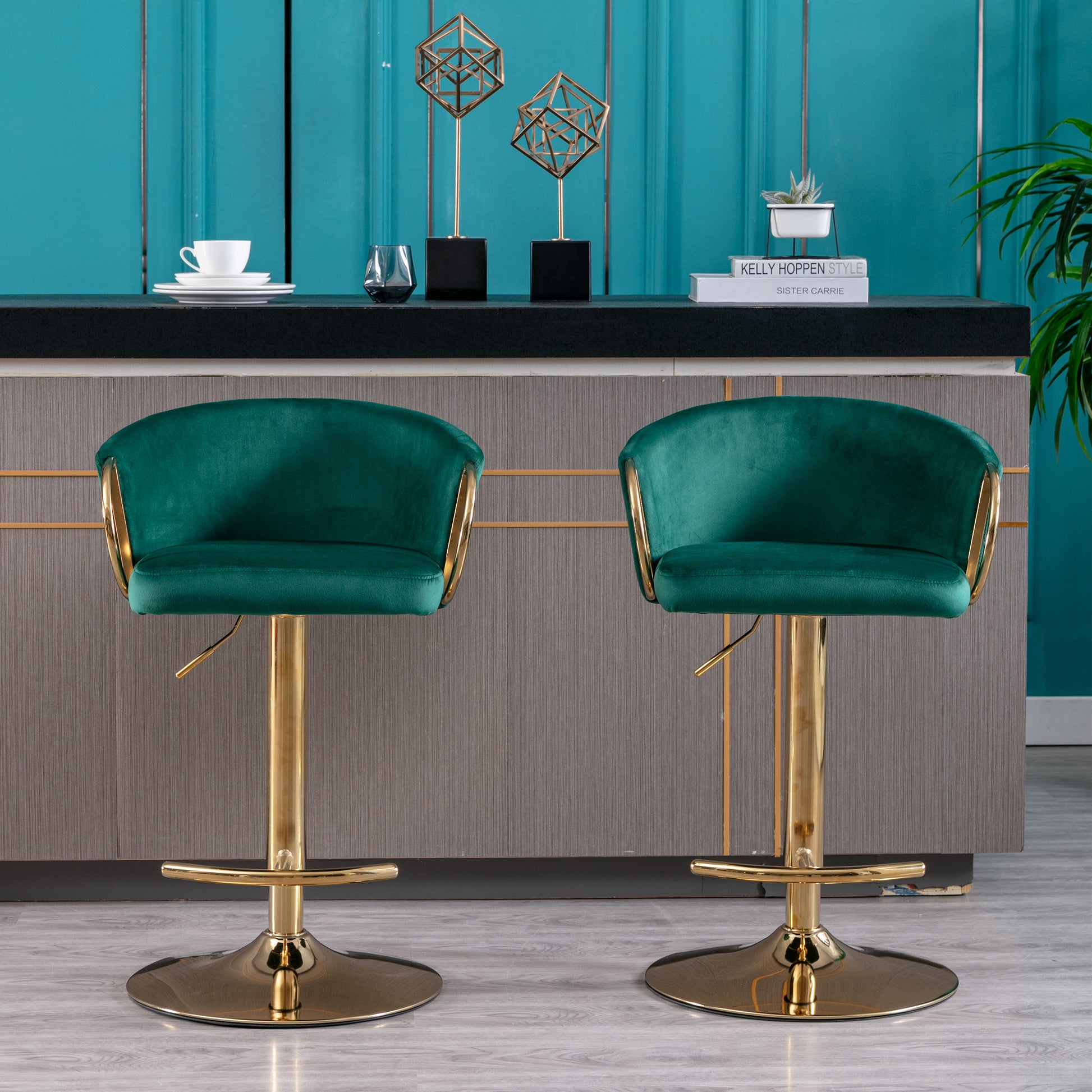 Set Of 2 Bar Stools,With Chrome Footrest And Base Swivel Height Adjustable Mechanical Lifting Velvet Golden Leg Simple Bar Stool Green Green Foam Fabric