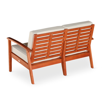 Eucalyptus Loveseat With Cushions, Natural Oil Finish, Navy Cushions Natural Eucalyptus