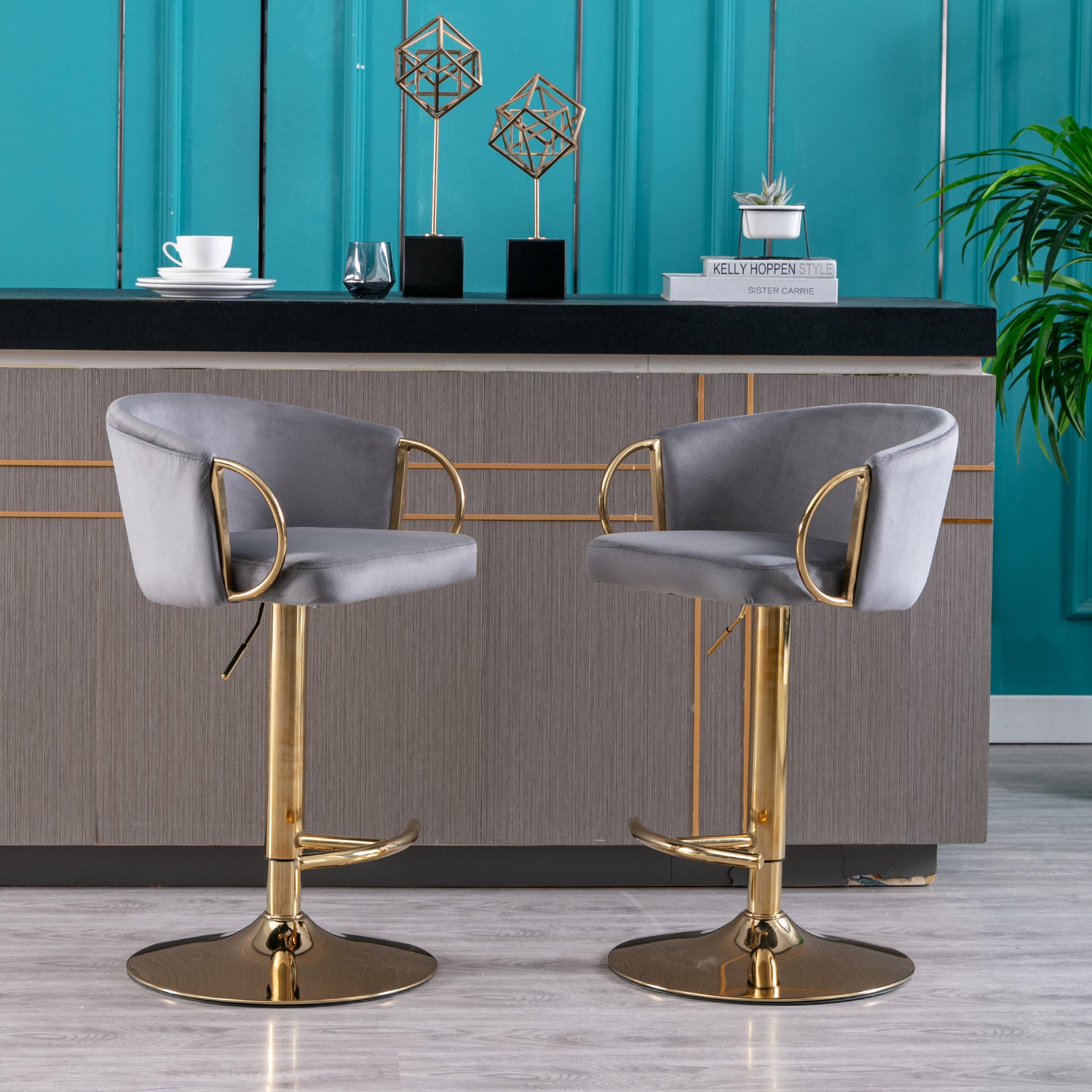 Set Of 2 Bar Stools,With Chrome Footrest And Base Swivel Height Adjustable Mechanical Lifting Velvet Golden Leg Simple Bar Stool Grey Grey Foam Fabric