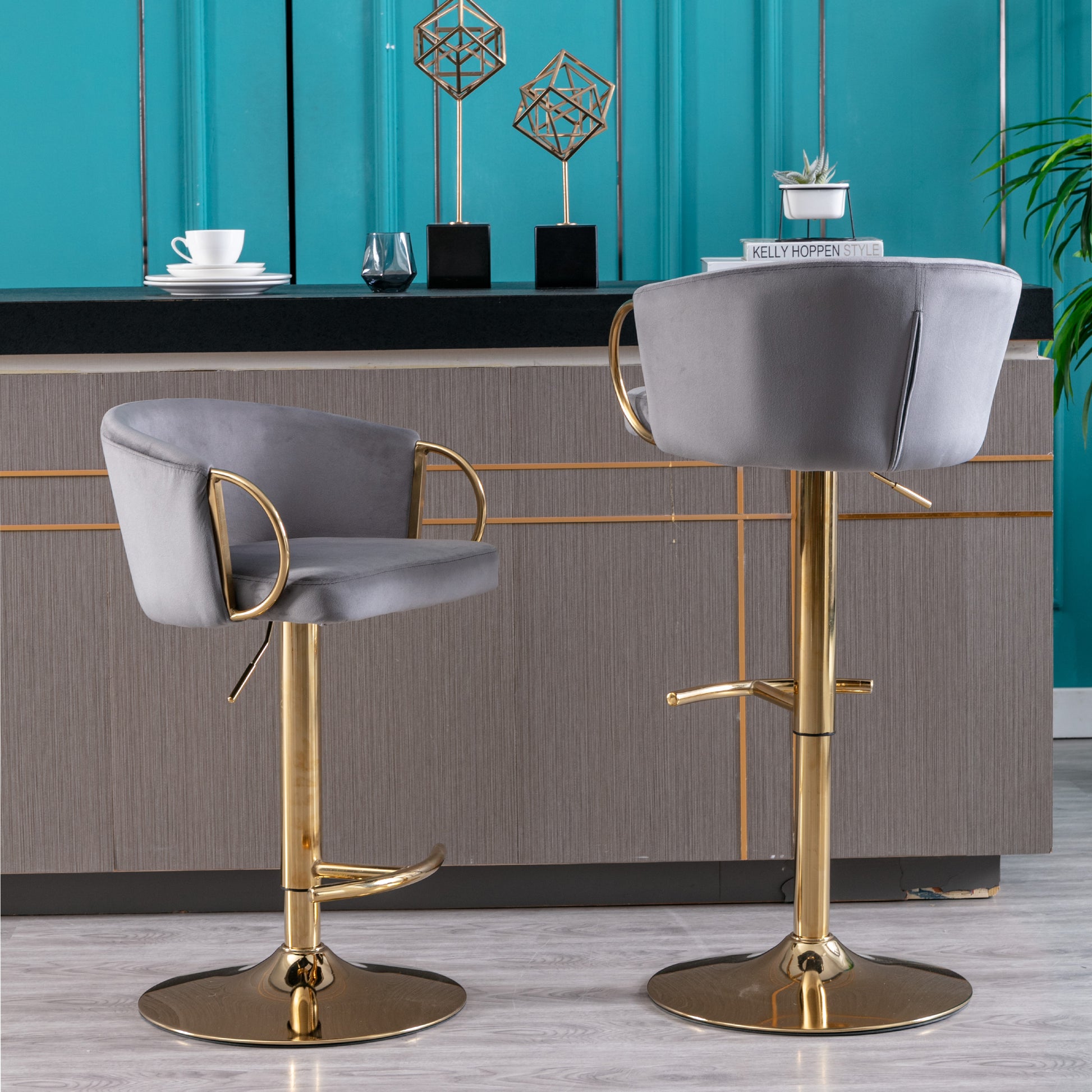 Set Of 2 Bar Stools,With Chrome Footrest And Base Swivel Height Adjustable Mechanical Lifting Velvet Golden Leg Simple Bar Stool Grey Grey Foam Fabric
