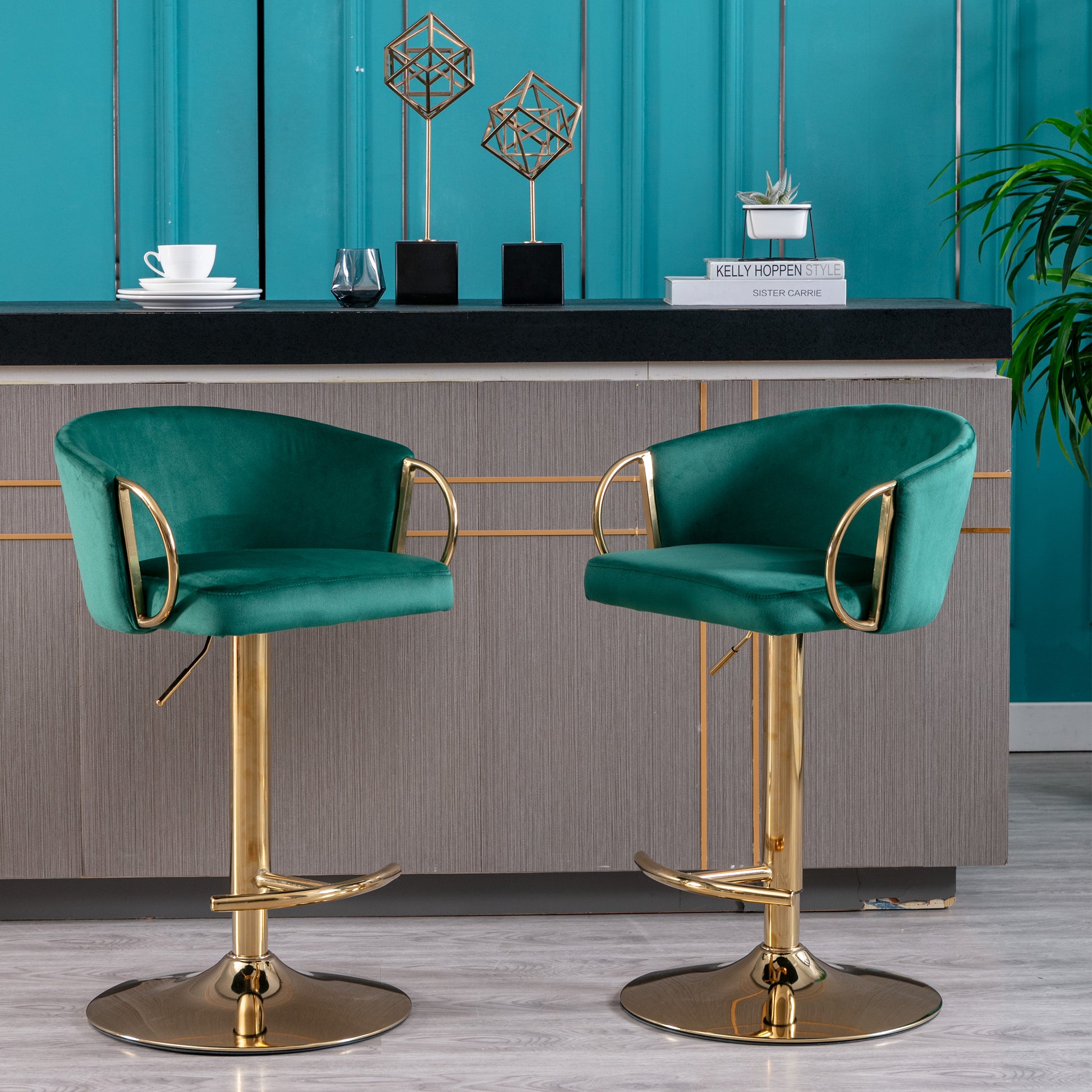 Set Of 2 Bar Stools,With Chrome Footrest And Base Swivel Height Adjustable Mechanical Lifting Velvet Golden Leg Simple Bar Stool Green Green Foam Fabric